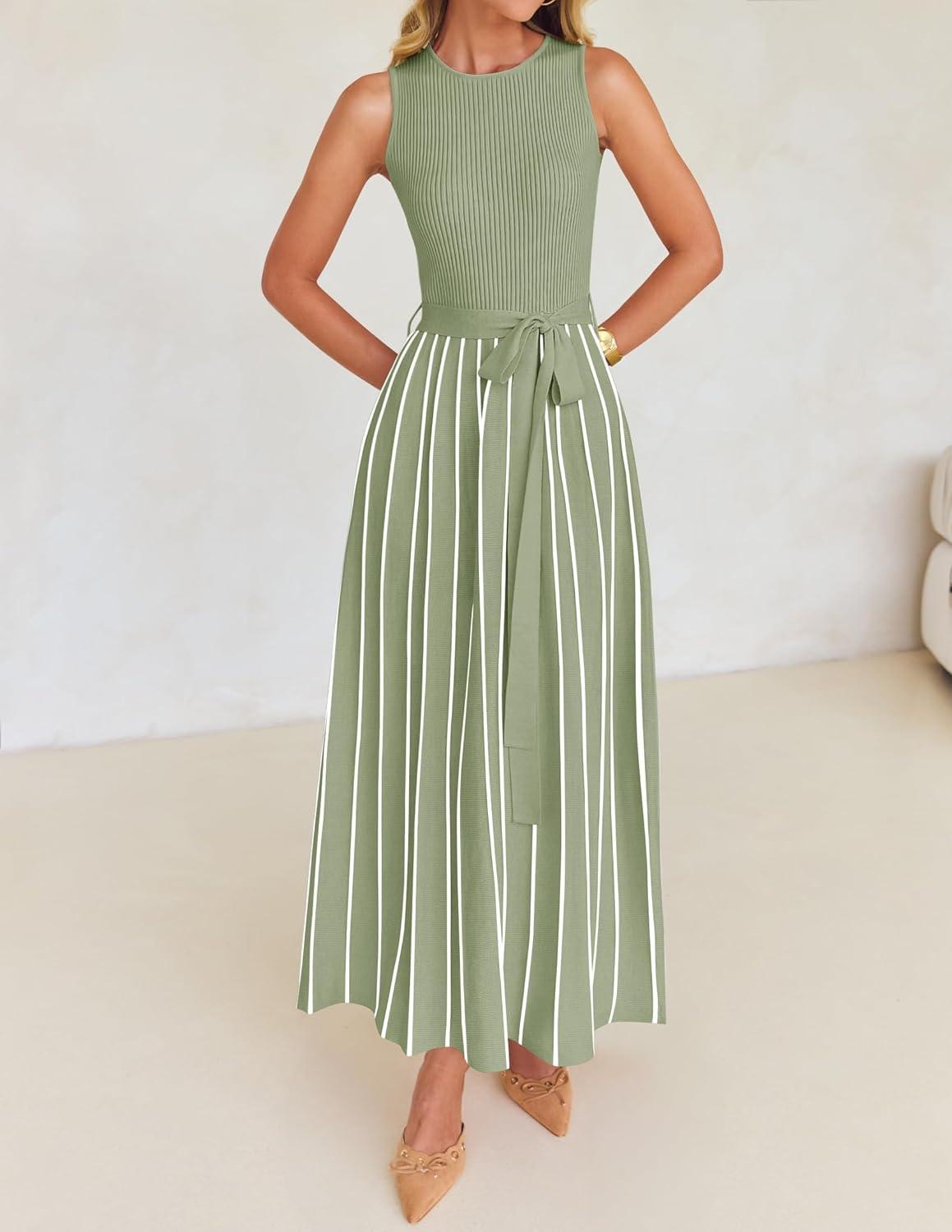 imageZESICA Womens Summer Sleeveless Maxi Dress 2026 Crewneck Ribbed Knit Tie Waist Casual A Line Sweater DressesLightgreen