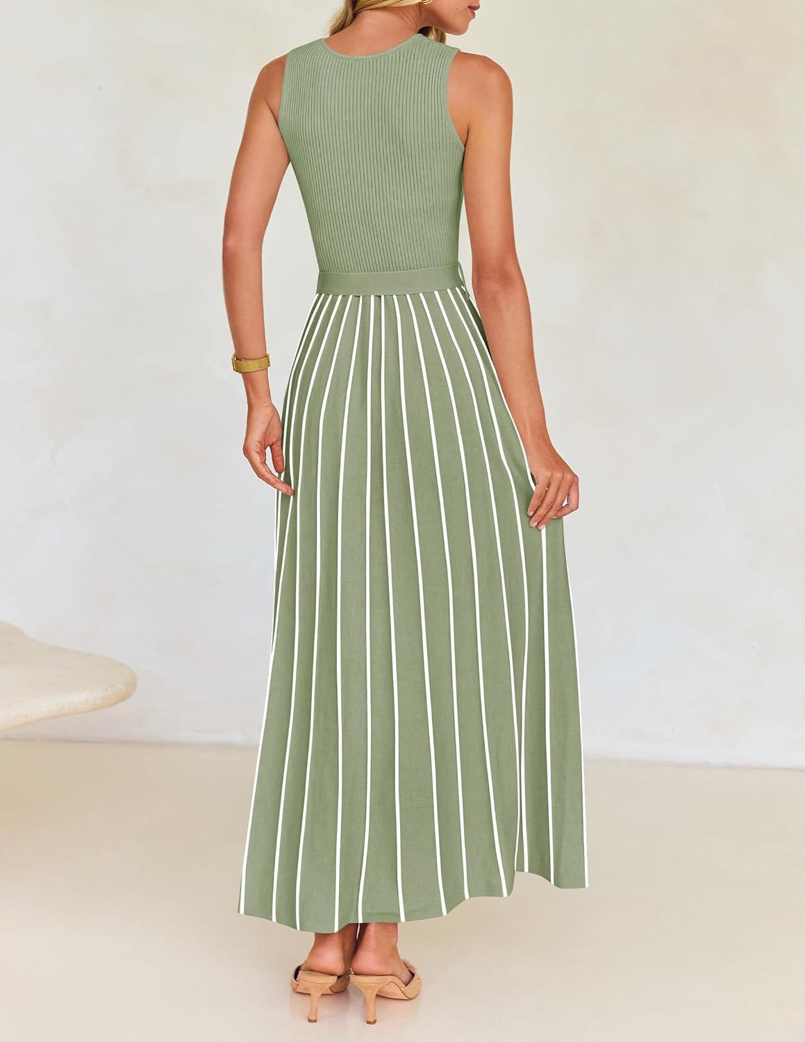 imageZESICA Womens Summer Sleeveless Maxi Dress 2026 Crewneck Ribbed Knit Tie Waist Casual A Line Sweater DressesLightgreen