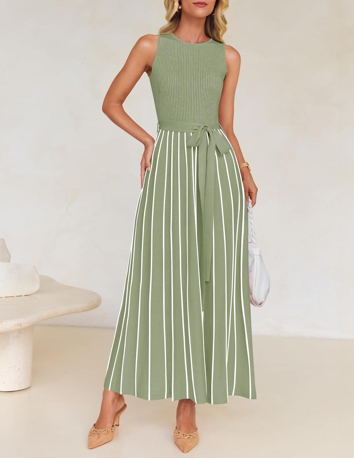 imageZESICA Womens Summer Sleeveless Maxi Dress 2026 Crewneck Ribbed Knit Tie Waist Casual A Line Sweater DressesLightgreen