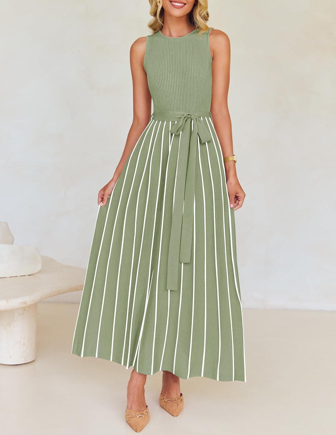 imageZESICA Womens Summer Sleeveless Maxi Dress 2026 Crewneck Ribbed Knit Tie Waist Casual A Line Sweater DressesLightgreen