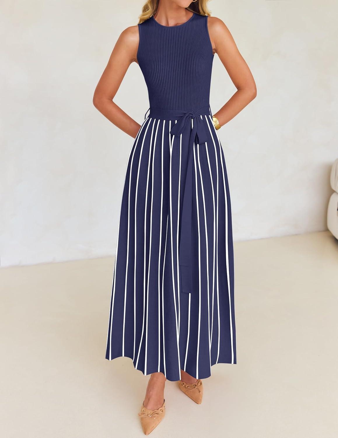 imageZESICA Womens Summer Sleeveless Maxi Dress 2026 Crewneck Ribbed Knit Tie Waist Casual A Line Sweater DressesNavy