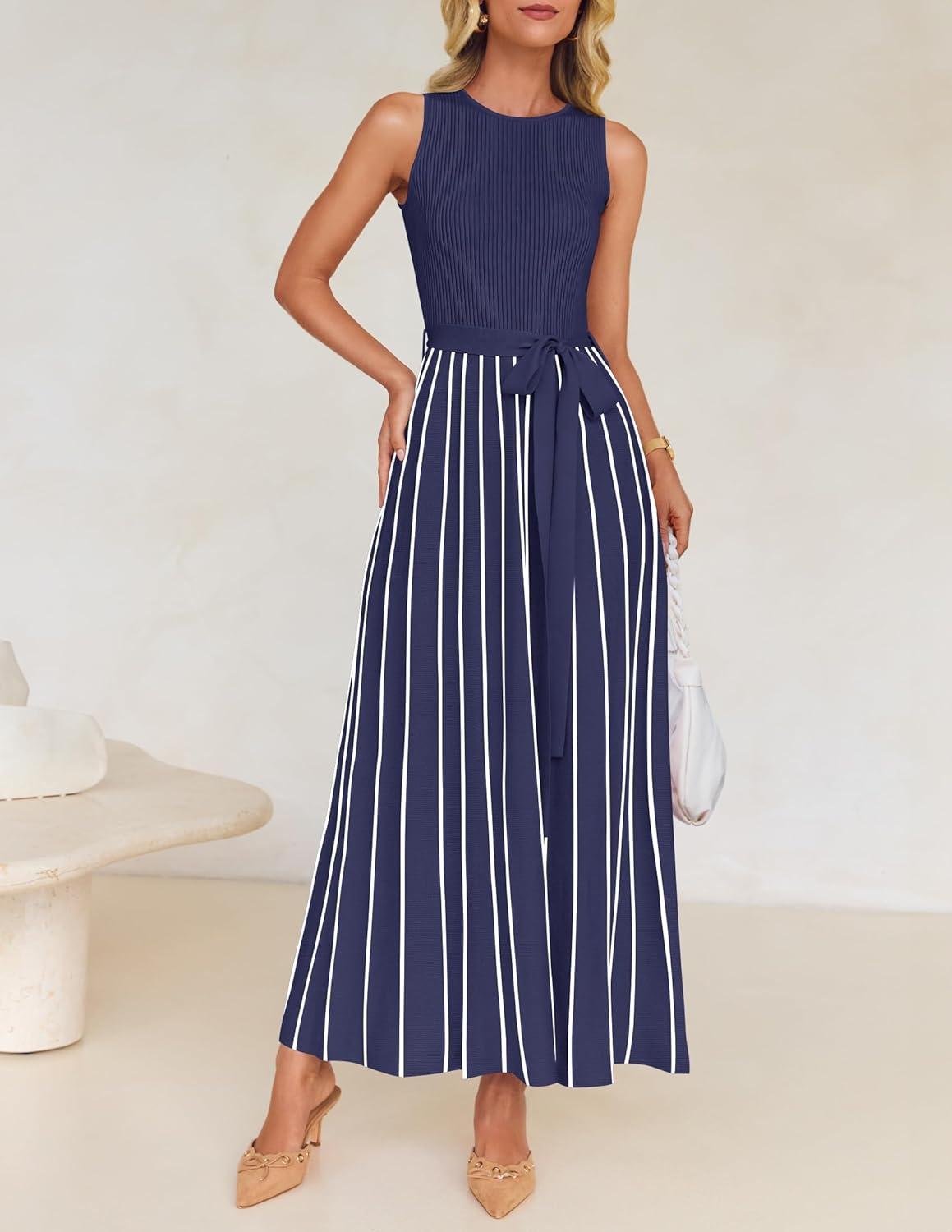 imageZESICA Womens Summer Sleeveless Maxi Dress 2026 Crewneck Ribbed Knit Tie Waist Casual A Line Sweater DressesNavy