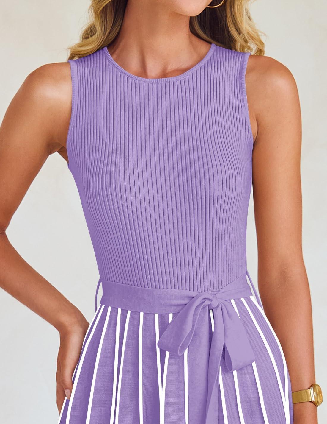 imageZESICA Womens Summer Sleeveless Maxi Dress 2026 Crewneck Ribbed Knit Tie Waist Casual A Line Sweater DressesPurple