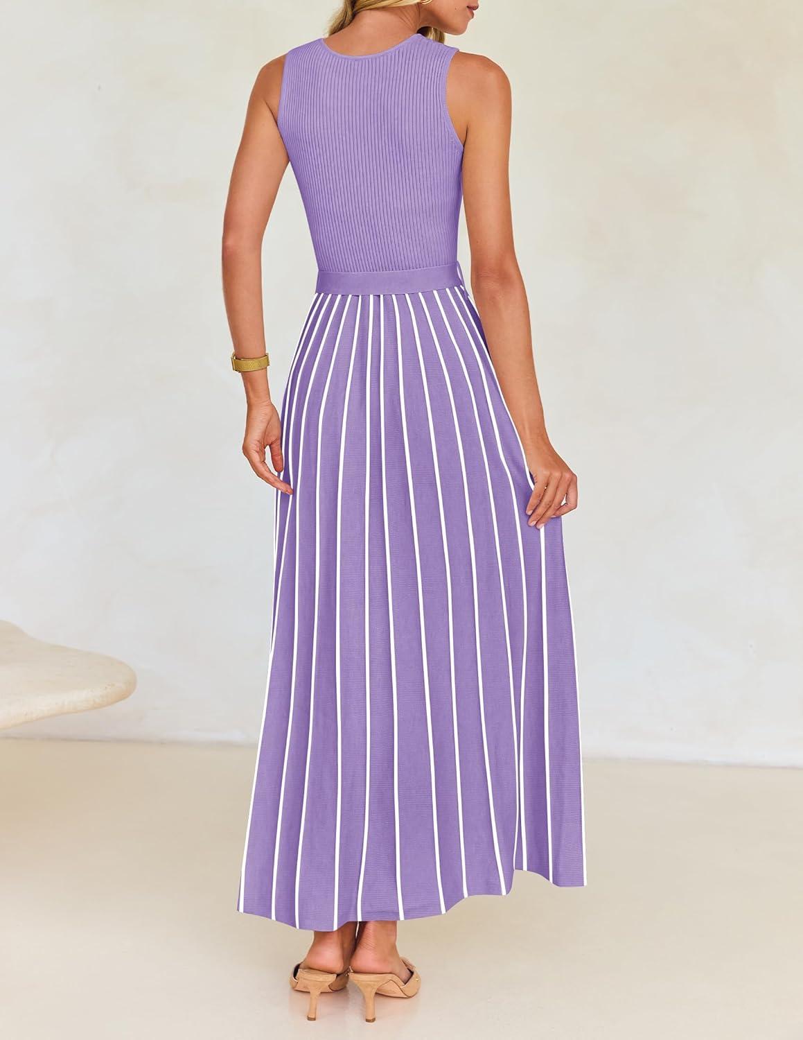 imageZESICA Womens Summer Sleeveless Maxi Dress 2026 Crewneck Ribbed Knit Tie Waist Casual A Line Sweater DressesPurple