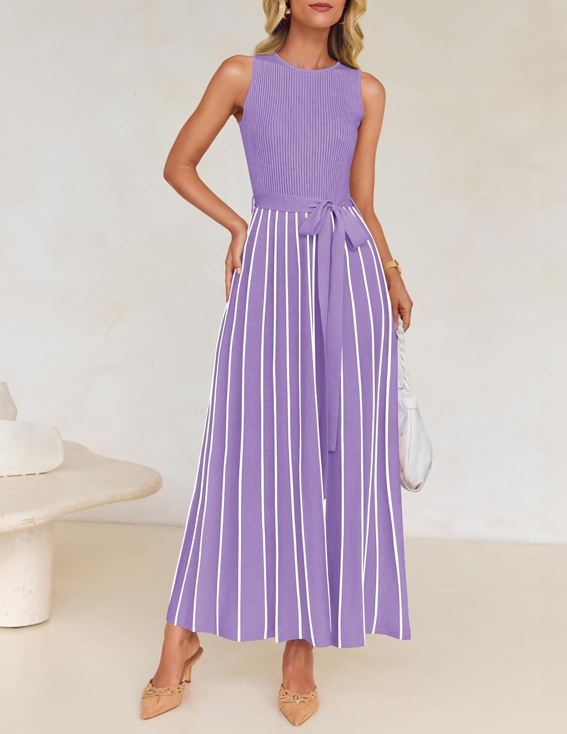 imageZESICA Womens Summer Sleeveless Maxi Dress 2026 Crewneck Ribbed Knit Tie Waist Casual A Line Sweater DressesPurple