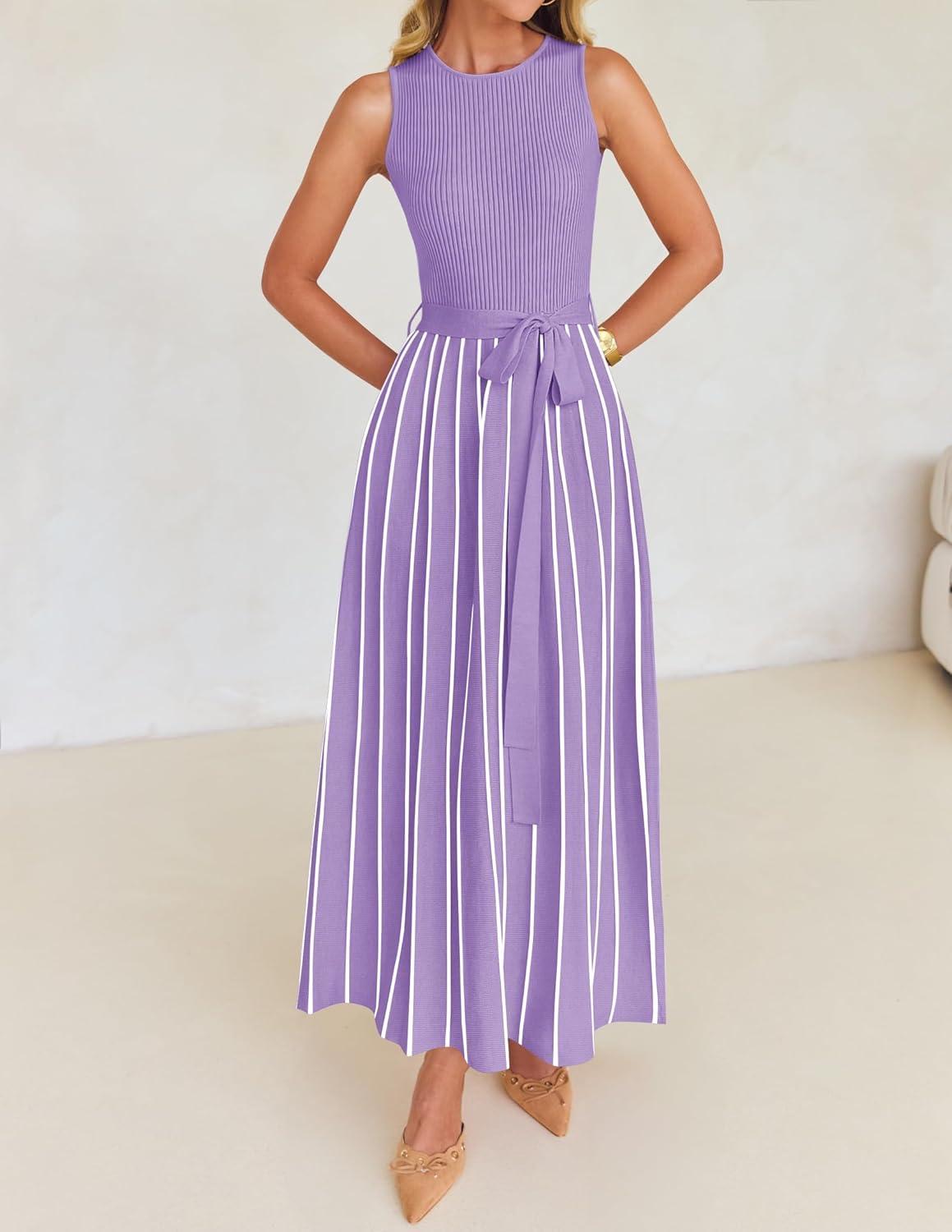 imageZESICA Womens Summer Sleeveless Maxi Dress 2026 Crewneck Ribbed Knit Tie Waist Casual A Line Sweater DressesPurple