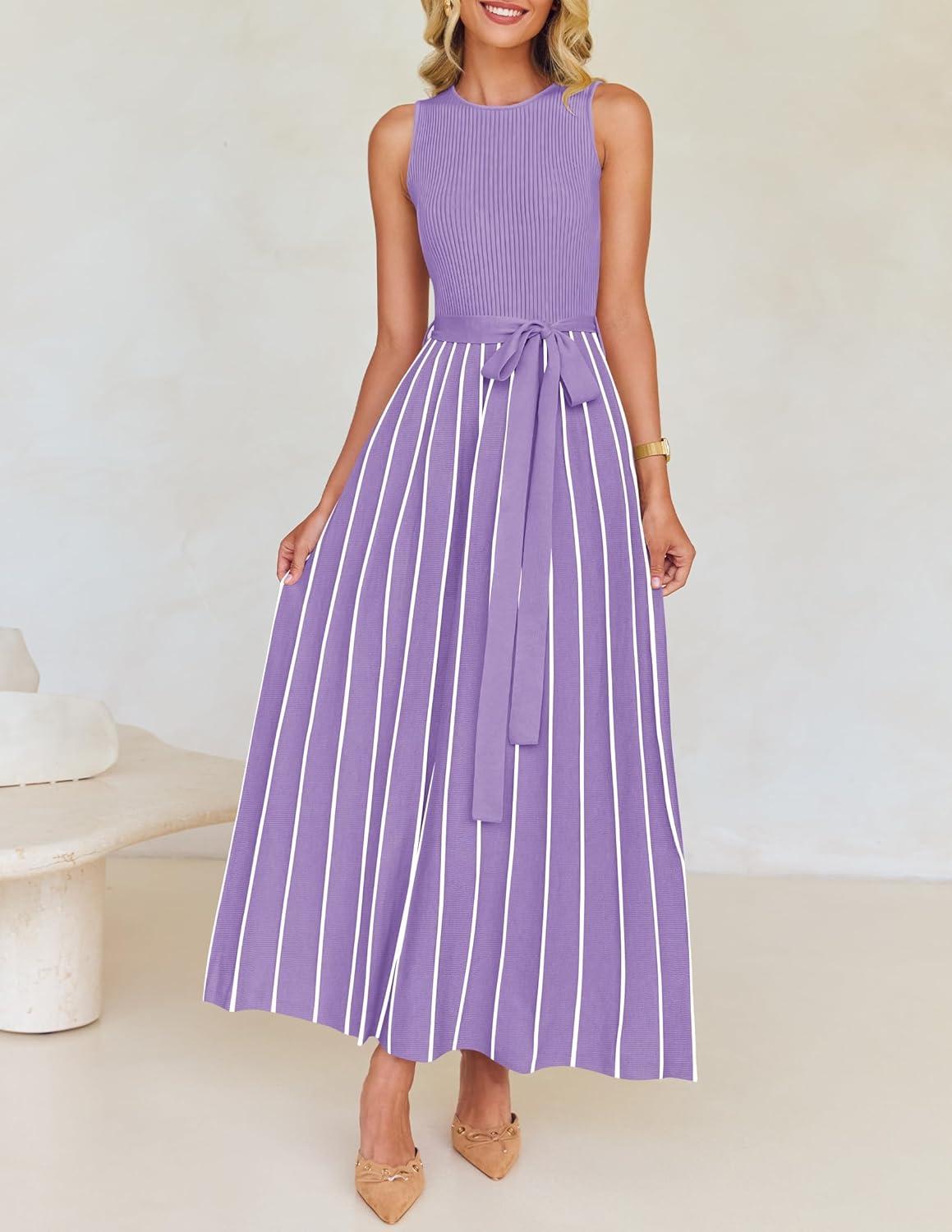 imageZESICA Womens Summer Sleeveless Maxi Dress 2026 Crewneck Ribbed Knit Tie Waist Casual A Line Sweater DressesPurple