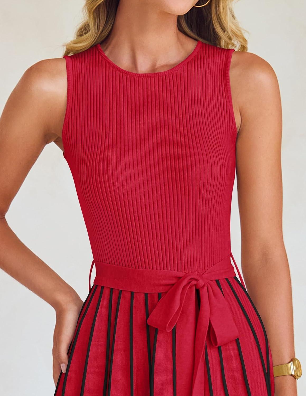 imageZESICA Womens Summer Sleeveless Maxi Dress 2026 Crewneck Ribbed Knit Tie Waist Casual A Line Sweater DressesRed