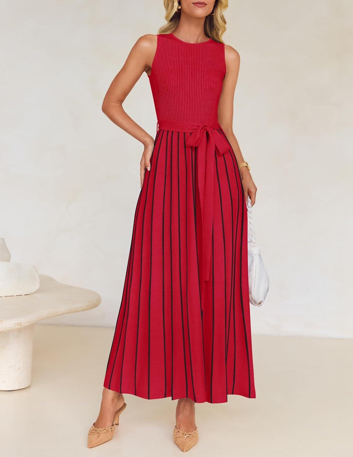 imageZESICA Womens Summer Sleeveless Maxi Dress 2026 Crewneck Ribbed Knit Tie Waist Casual A Line Sweater DressesRed