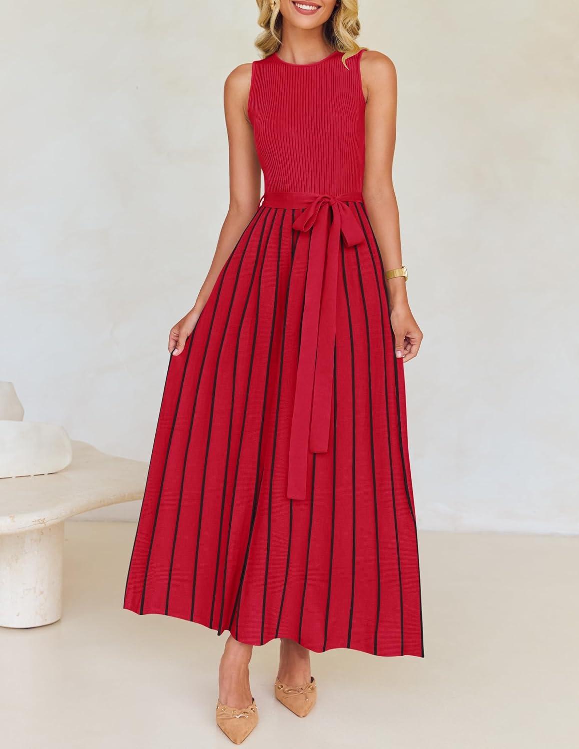 imageZESICA Womens Summer Sleeveless Maxi Dress 2026 Crewneck Ribbed Knit Tie Waist Casual A Line Sweater DressesRed