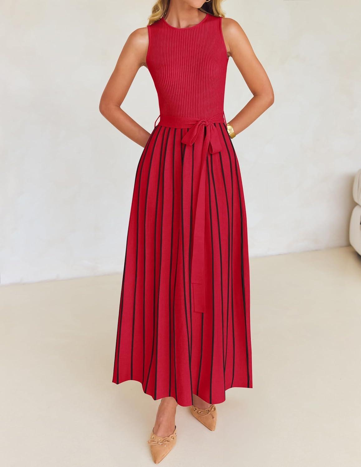 imageZESICA Womens Summer Sleeveless Maxi Dress 2026 Crewneck Ribbed Knit Tie Waist Casual A Line Sweater DressesRed