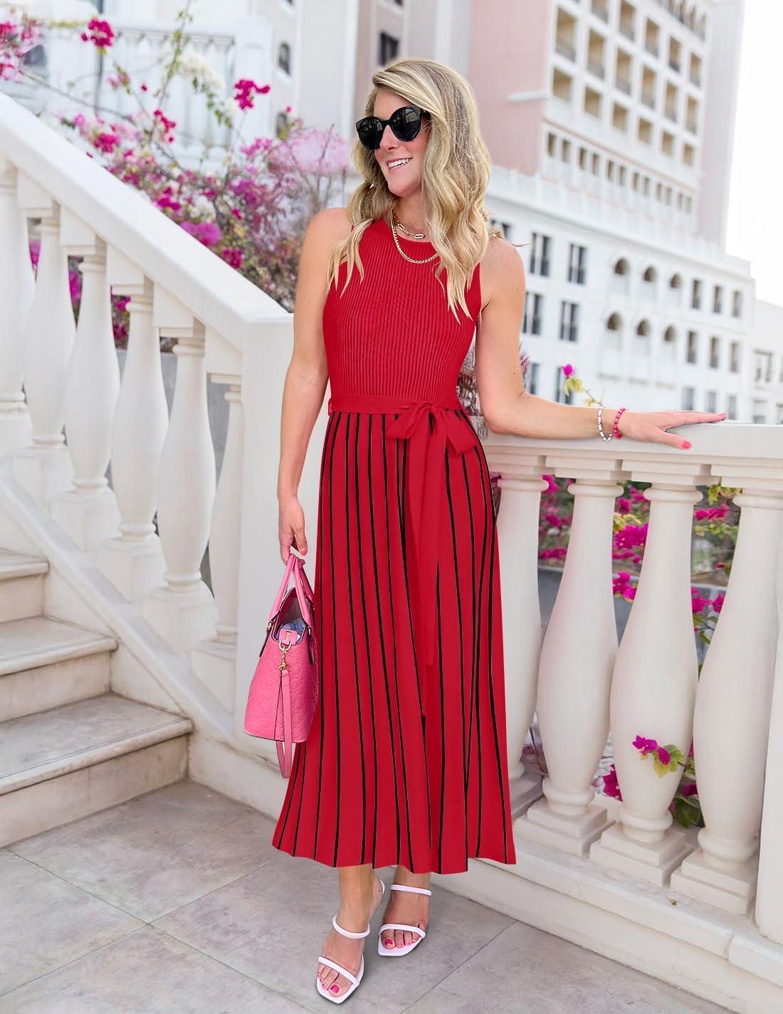 imageZESICA Womens Summer Sleeveless Maxi Dress 2026 Crewneck Ribbed Knit Tie Waist Casual A Line Sweater DressesRed