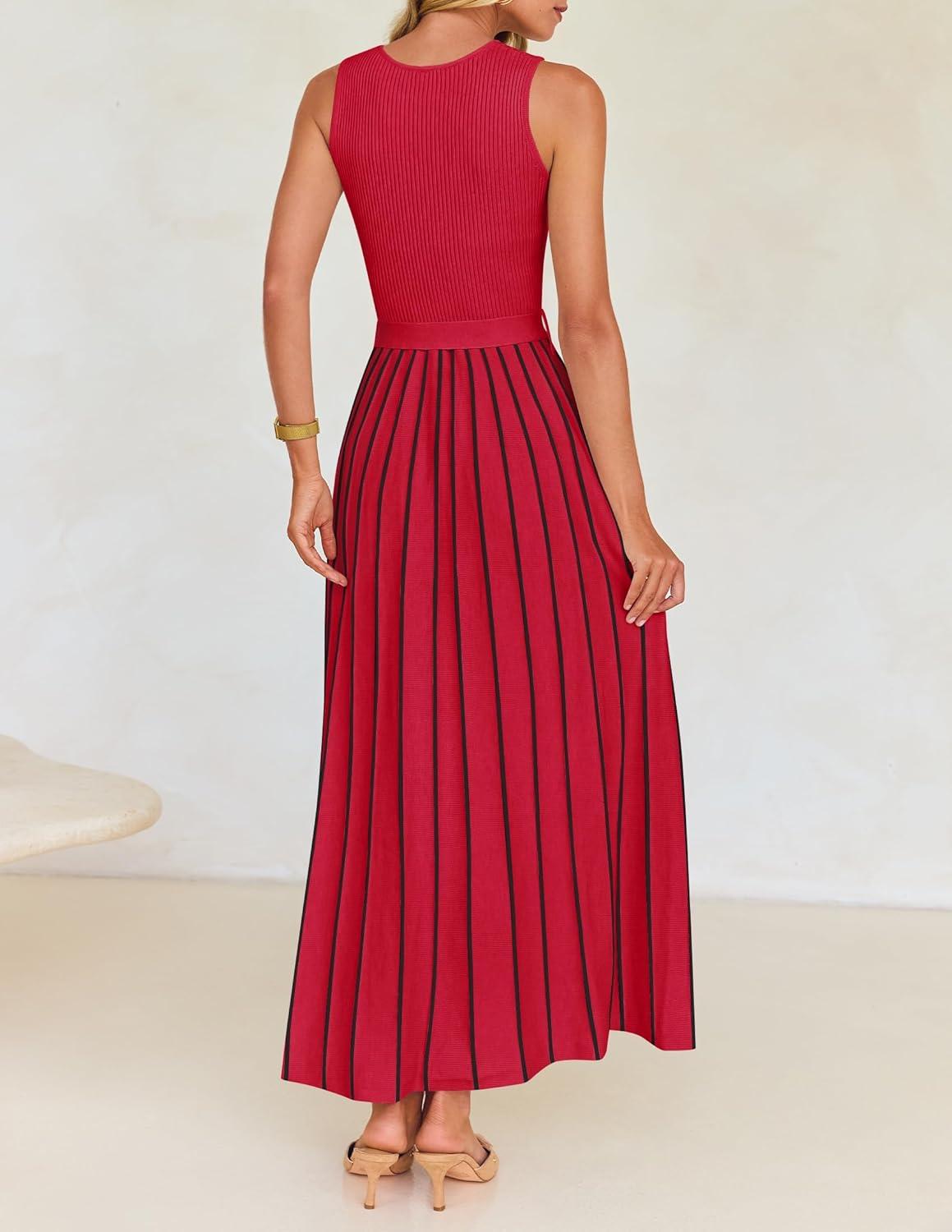 imageZESICA Womens Summer Sleeveless Maxi Dress 2026 Crewneck Ribbed Knit Tie Waist Casual A Line Sweater DressesRed