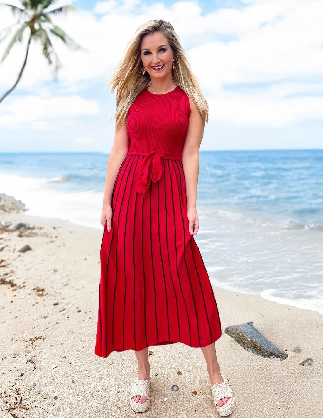 imageZESICA Womens Summer Sleeveless Maxi Dress 2026 Crewneck Ribbed Knit Tie Waist Casual A Line Sweater DressesRed