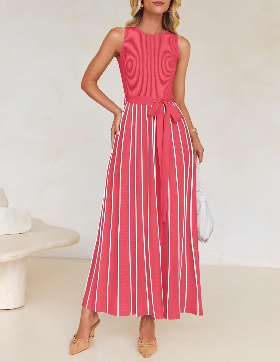 imageZESICA Womens Summer Sleeveless Maxi Dress 2026 Crewneck Ribbed Knit Tie Waist Casual A Line Sweater DressesWatermelon