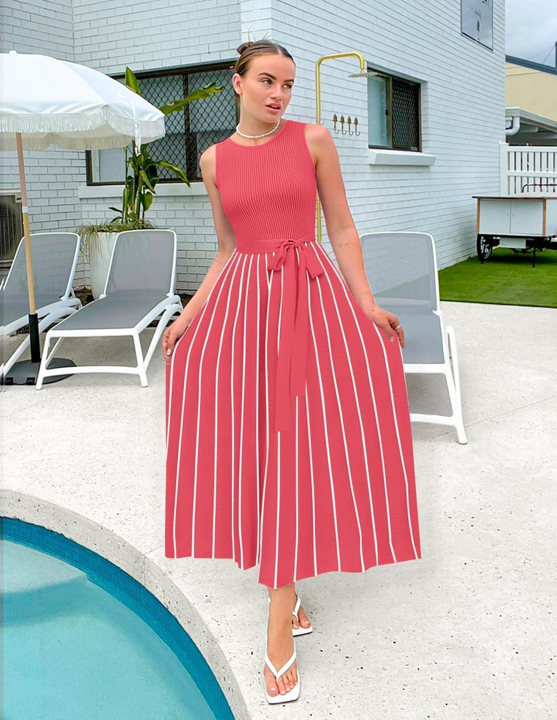 imageZESICA Womens Summer Sleeveless Maxi Dress 2026 Crewneck Ribbed Knit Tie Waist Casual A Line Sweater DressesWatermelon