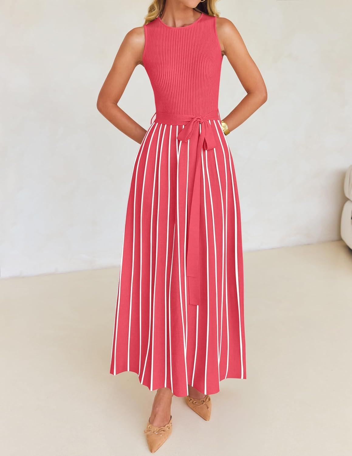 imageZESICA Womens Summer Sleeveless Maxi Dress 2026 Crewneck Ribbed Knit Tie Waist Casual A Line Sweater DressesWatermelon