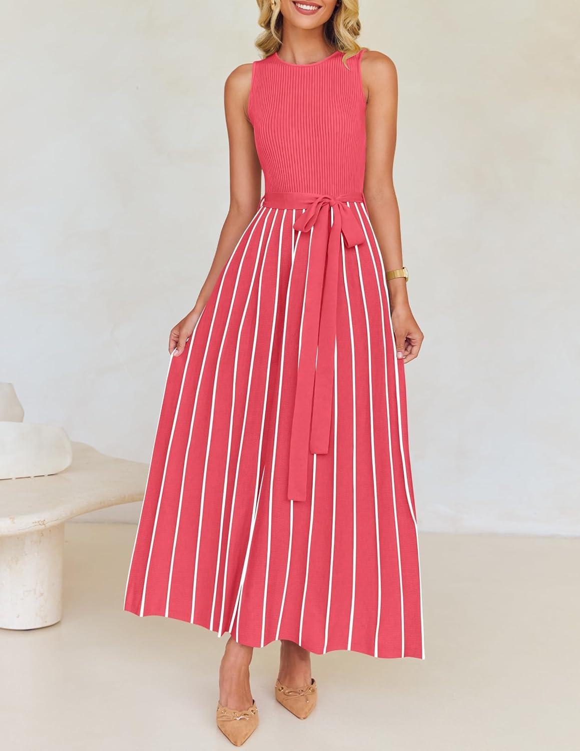 imageZESICA Womens Summer Sleeveless Maxi Dress 2026 Crewneck Ribbed Knit Tie Waist Casual A Line Sweater DressesWatermelon