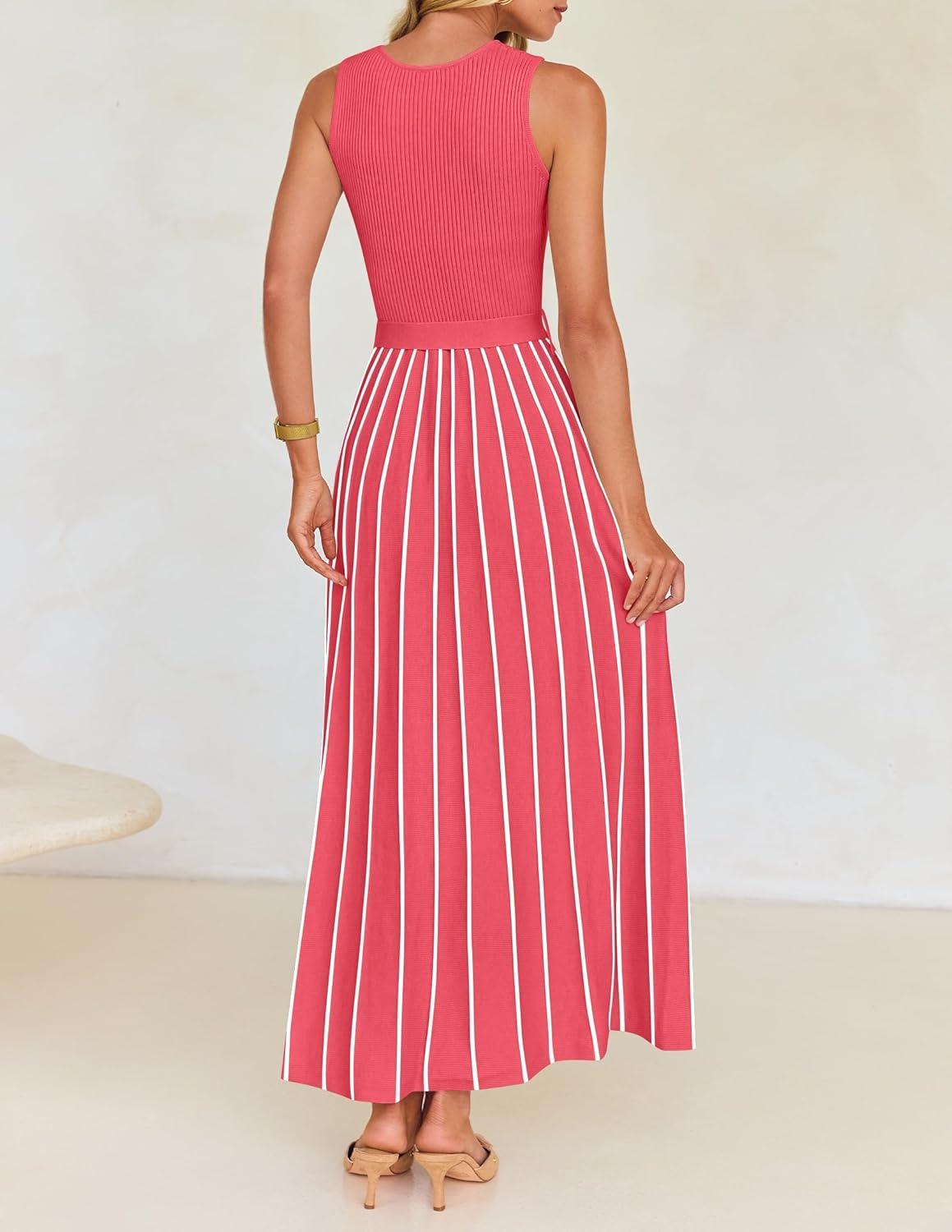 imageZESICA Womens Summer Sleeveless Maxi Dress 2026 Crewneck Ribbed Knit Tie Waist Casual A Line Sweater DressesWatermelon