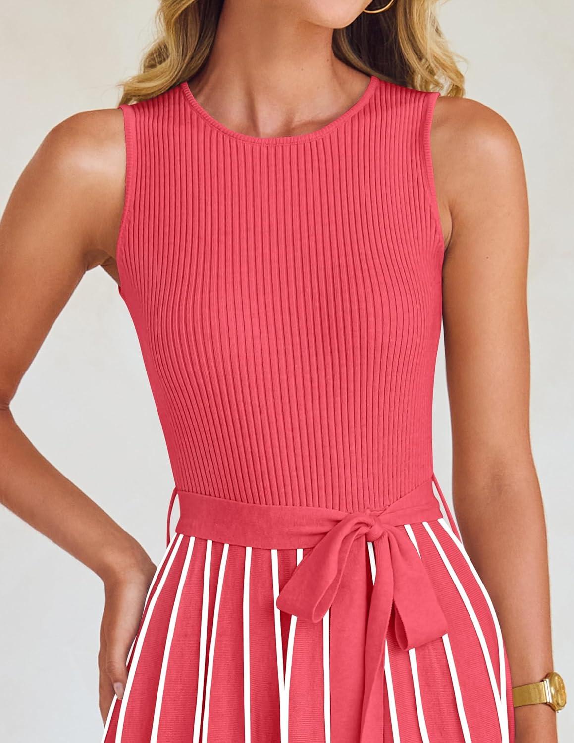 imageZESICA Womens Summer Sleeveless Maxi Dress 2026 Crewneck Ribbed Knit Tie Waist Casual A Line Sweater DressesWatermelon