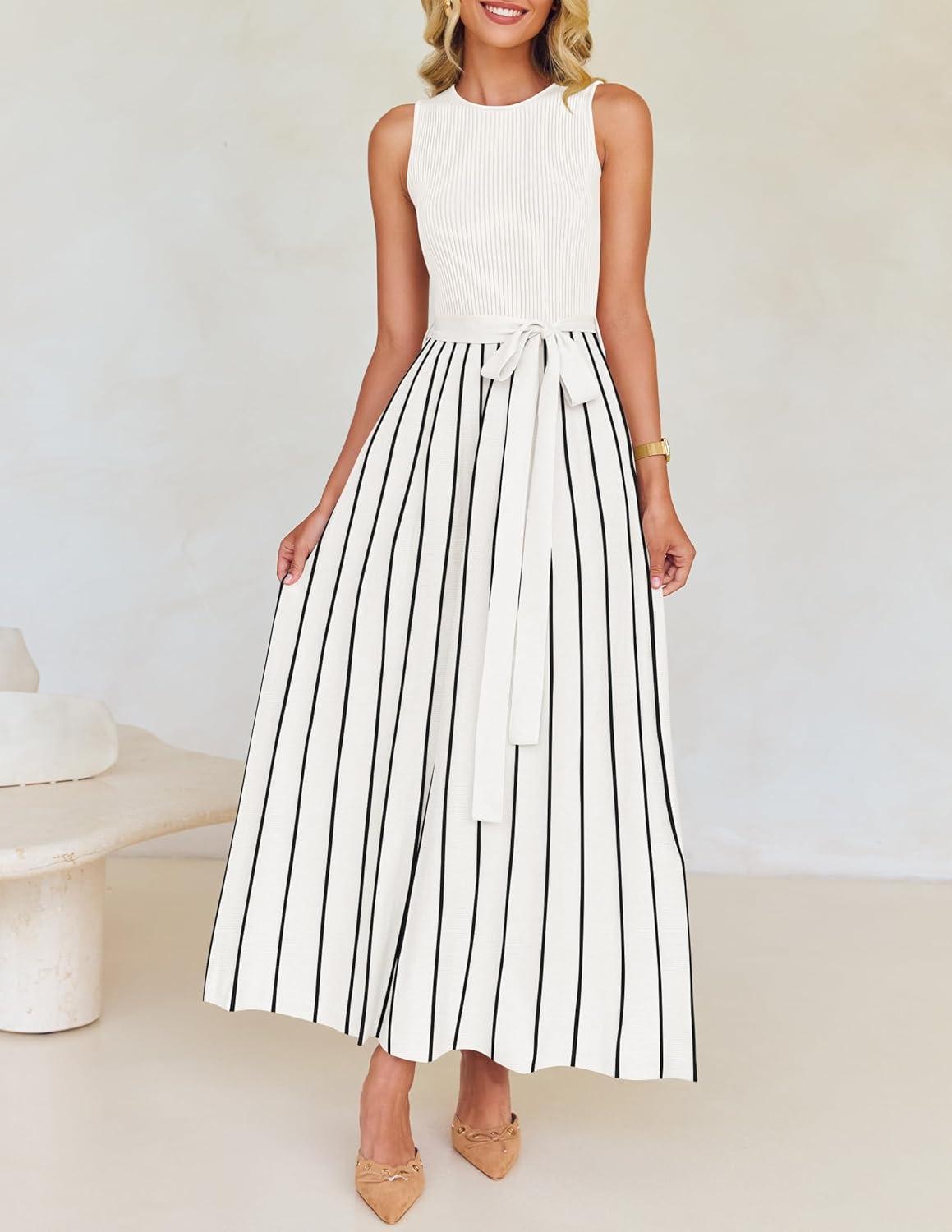 imageZESICA Womens Summer Sleeveless Maxi Dress 2026 Crewneck Ribbed Knit Tie Waist Casual A Line Sweater DressesWhite