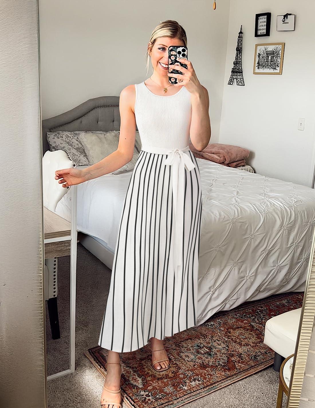 imageZESICA Womens Summer Sleeveless Maxi Dress 2026 Crewneck Ribbed Knit Tie Waist Casual A Line Sweater DressesWhite