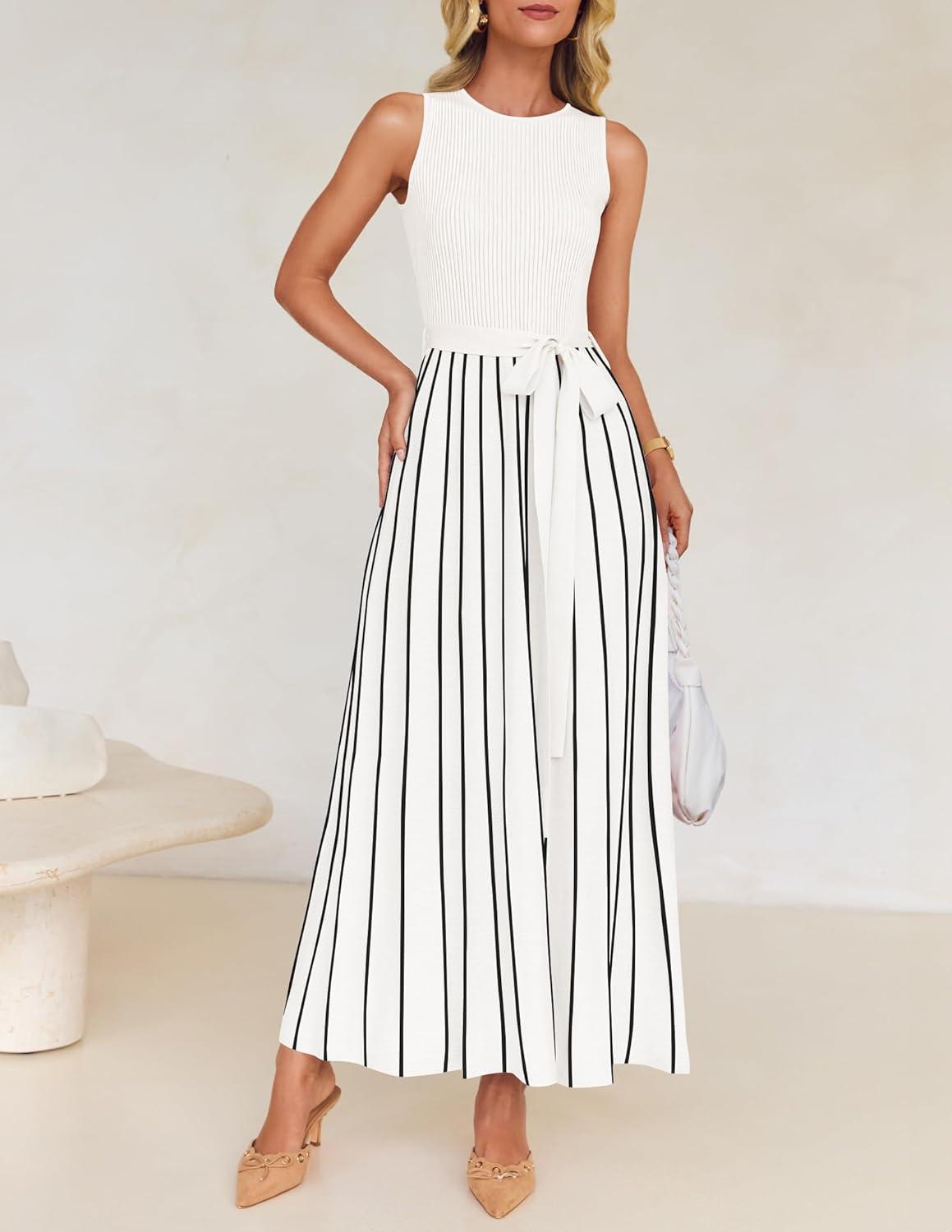 imageZESICA Womens Summer Sleeveless Maxi Dress 2026 Crewneck Ribbed Knit Tie Waist Casual A Line Sweater DressesWhite