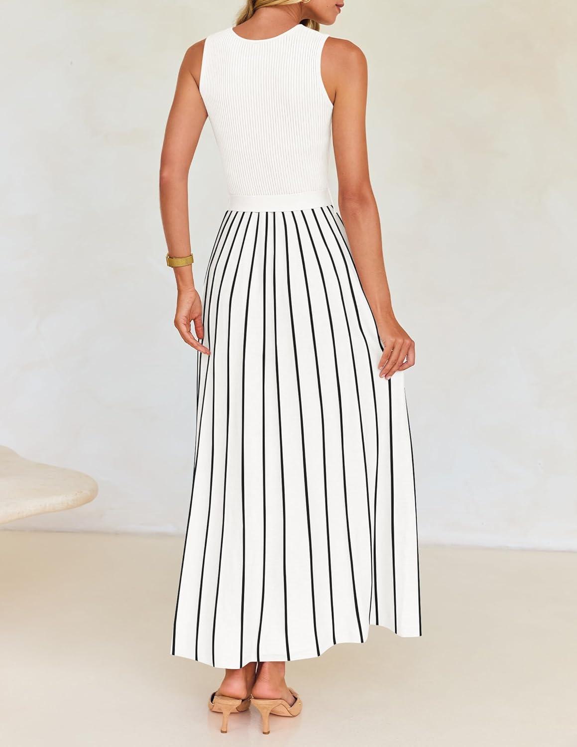 imageZESICA Womens Summer Sleeveless Maxi Dress 2026 Crewneck Ribbed Knit Tie Waist Casual A Line Sweater DressesWhite