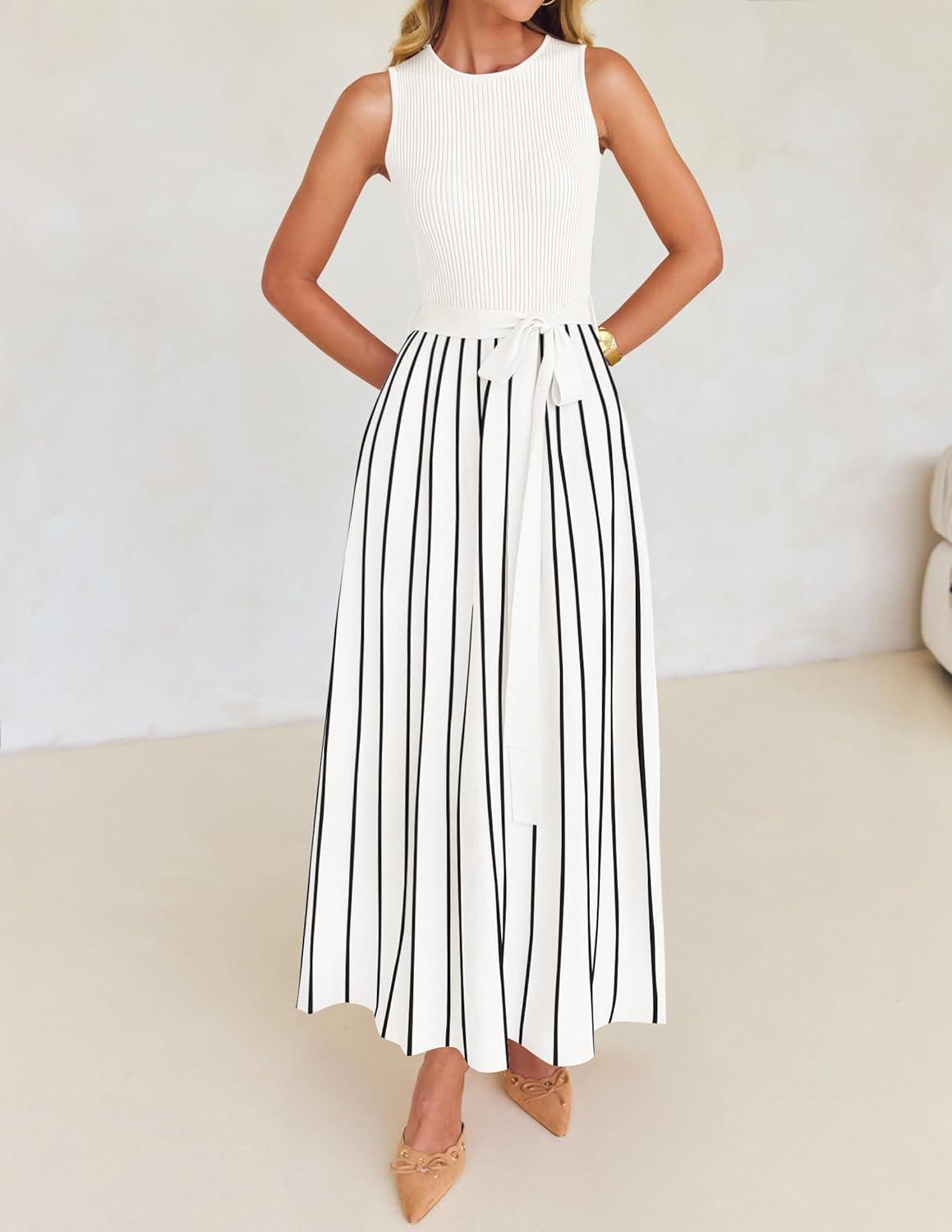 imageZESICA Womens Summer Sleeveless Maxi Dress 2026 Crewneck Ribbed Knit Tie Waist Casual A Line Sweater DressesWhite