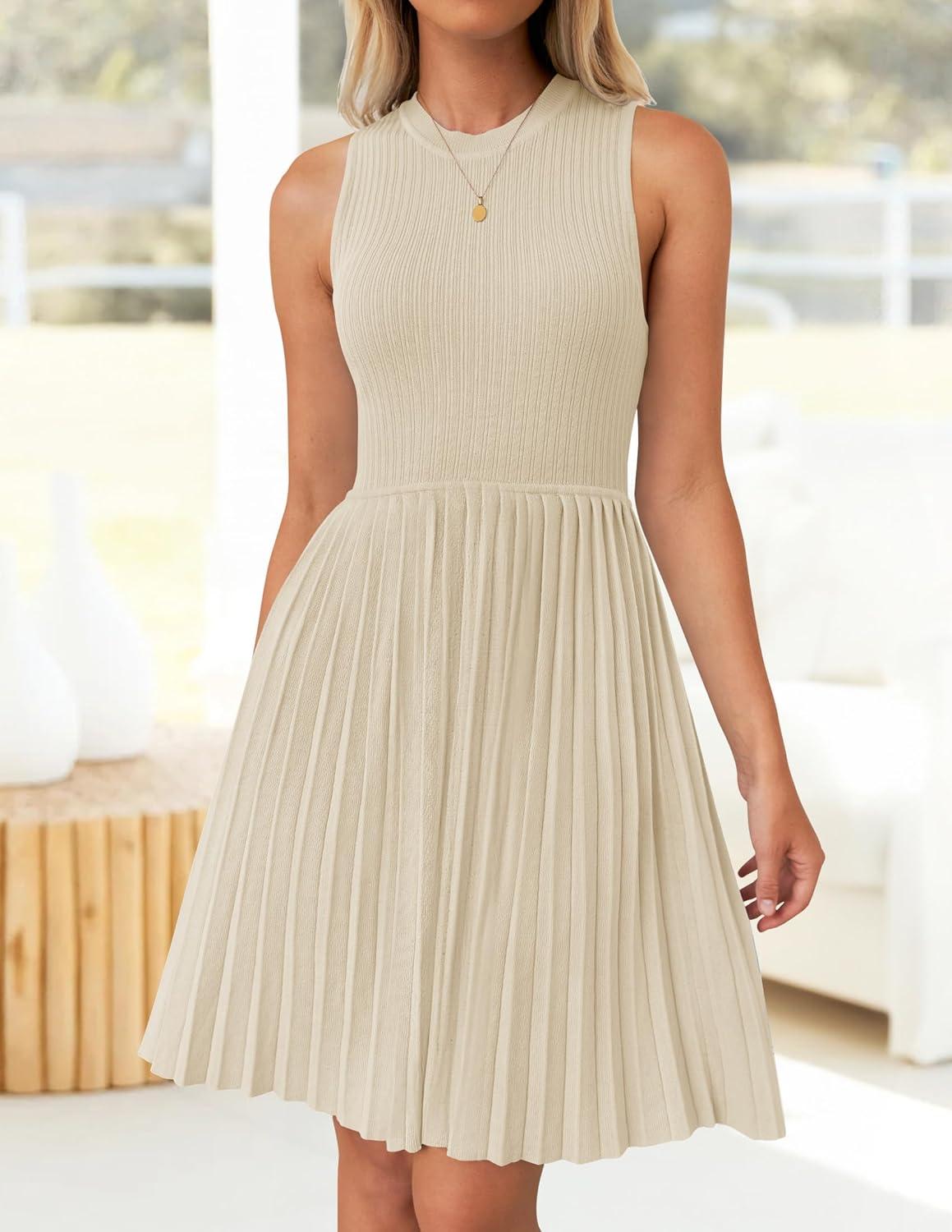 imageZESICA Womens Summer Sleeveless Mini Dress 2026 Crewneck Knit A Line Pleated Swing Casual Basic Short DressAlmond