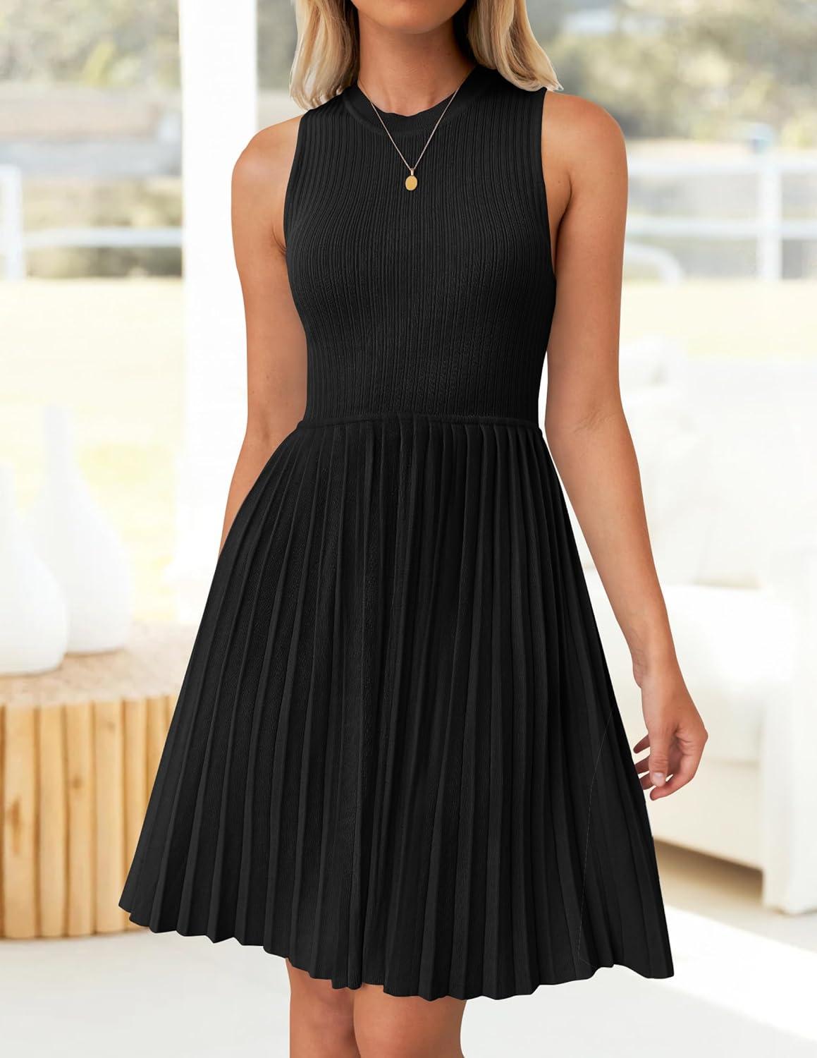 imageZESICA Womens Summer Sleeveless Mini Dress 2026 Crewneck Knit A Line Pleated Swing Casual Basic Short DressBlack