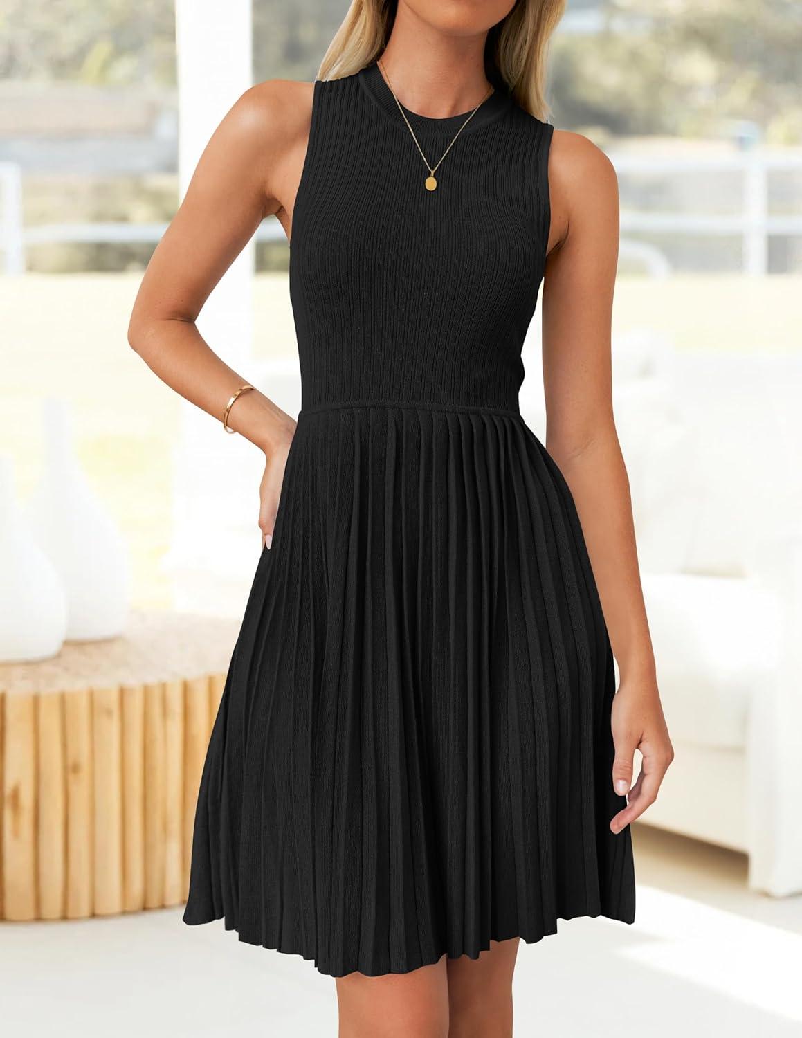 imageZESICA Womens Summer Sleeveless Mini Dress 2026 Crewneck Knit A Line Pleated Swing Casual Basic Short DressBlack