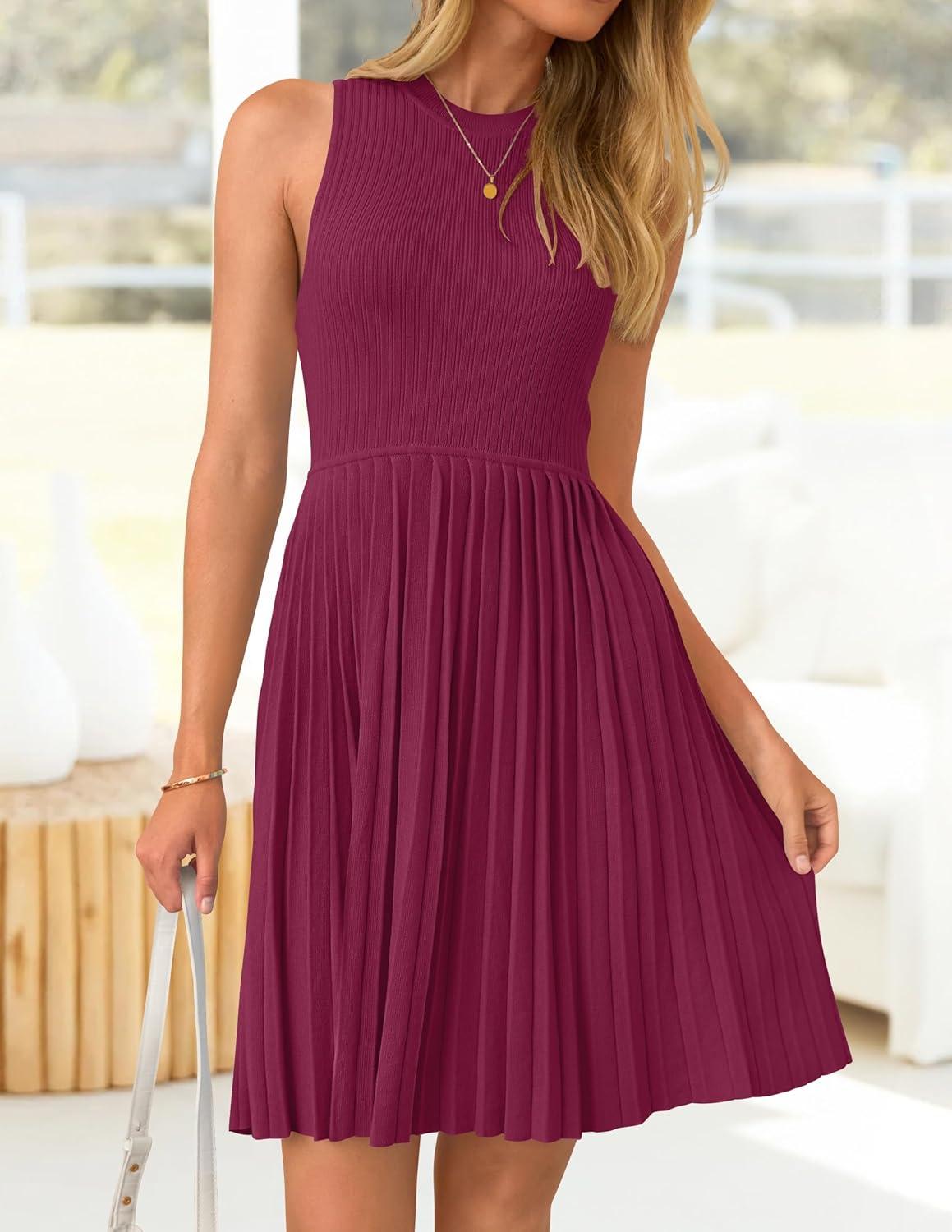 imageZESICA Womens Summer Sleeveless Mini Dress 2026 Crewneck Knit A Line Pleated Swing Casual Basic Short DressEggplant