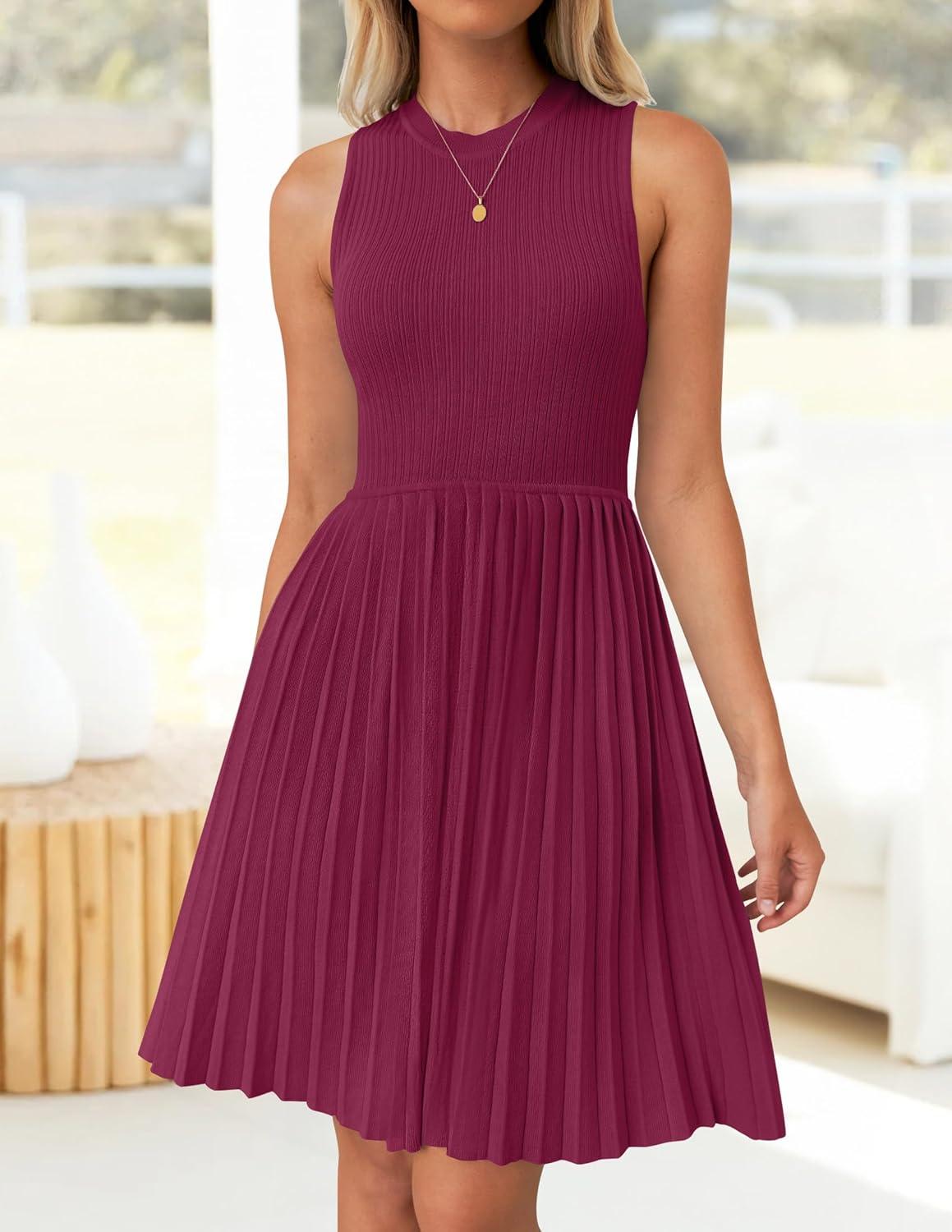 imageZESICA Womens Summer Sleeveless Mini Dress 2026 Crewneck Knit A Line Pleated Swing Casual Basic Short DressEggplant