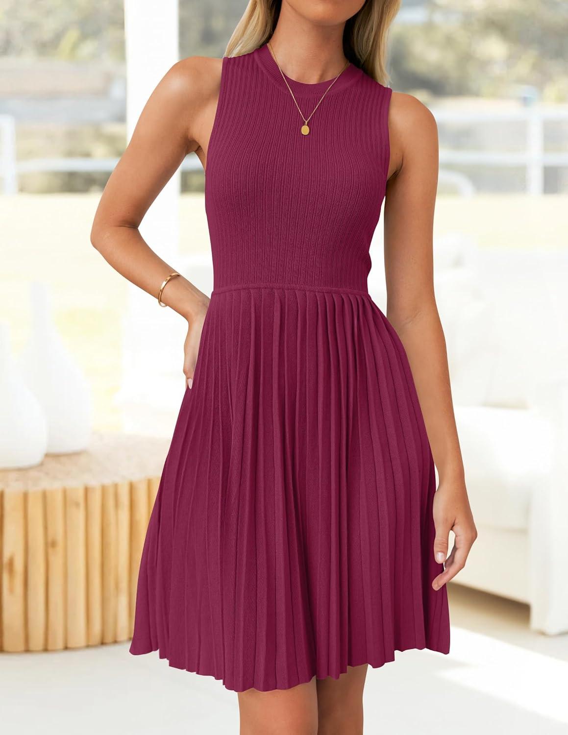 imageZESICA Womens Summer Sleeveless Mini Dress 2026 Crewneck Knit A Line Pleated Swing Casual Basic Short DressEggplant