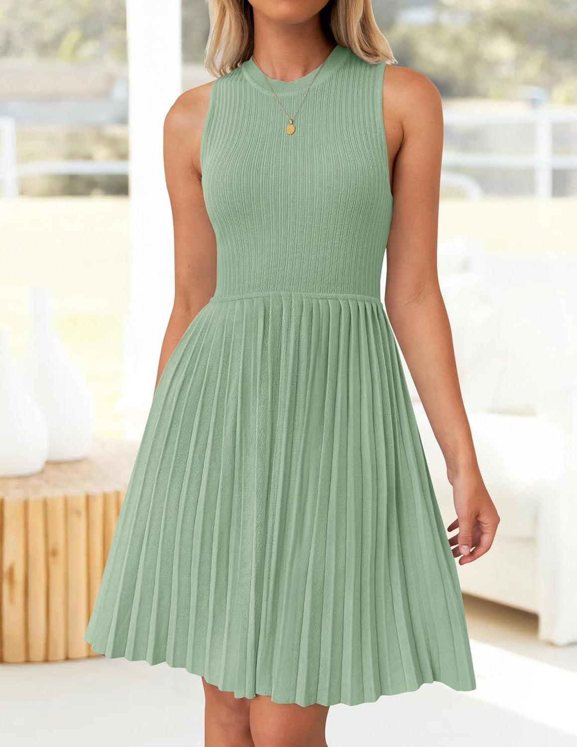 imageZESICA Womens Summer Sleeveless Mini Dress 2026 Crewneck Knit A Line Pleated Swing Casual Basic Short DressLightgreen
