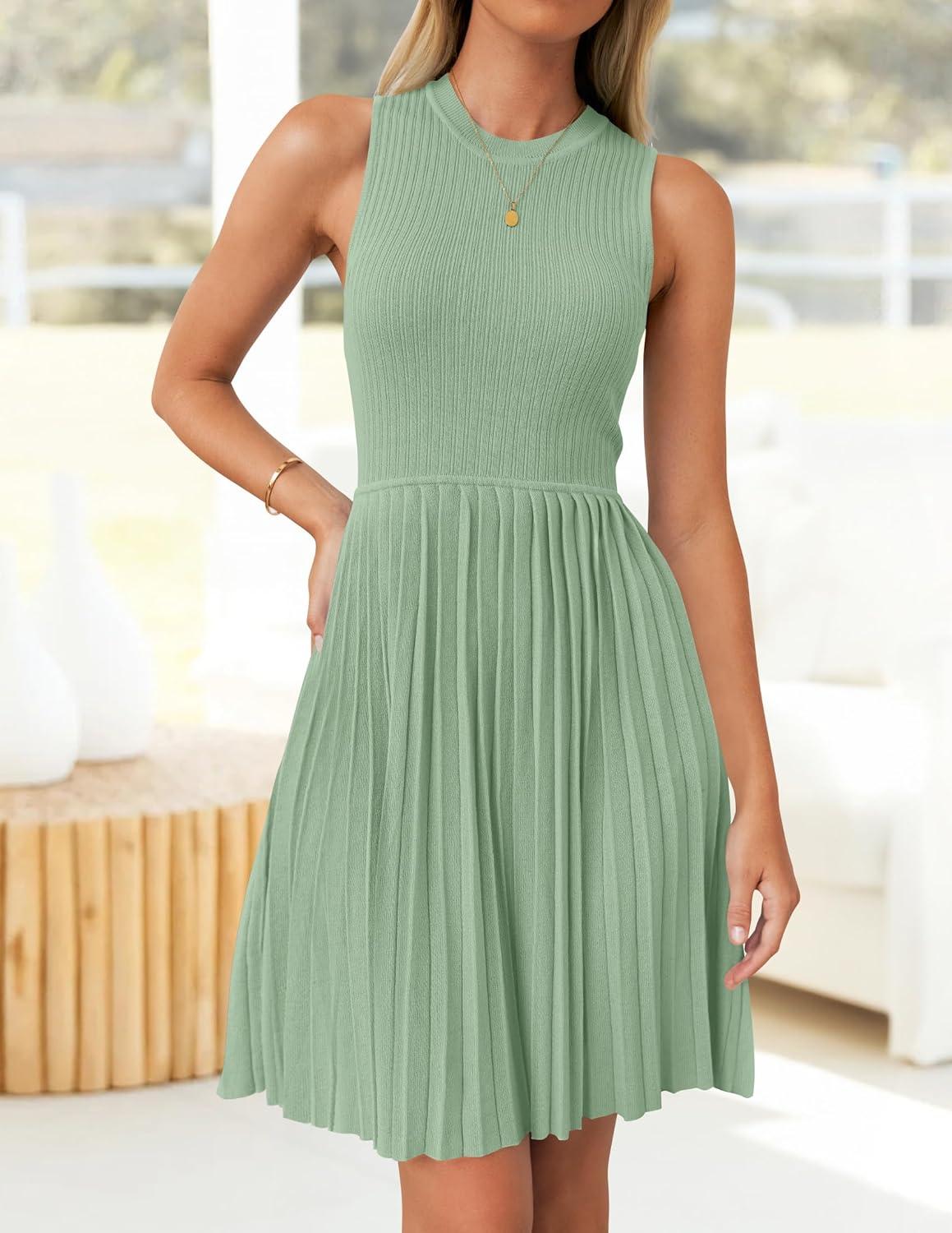 imageZESICA Womens Summer Sleeveless Mini Dress 2026 Crewneck Knit A Line Pleated Swing Casual Basic Short DressLightgreen