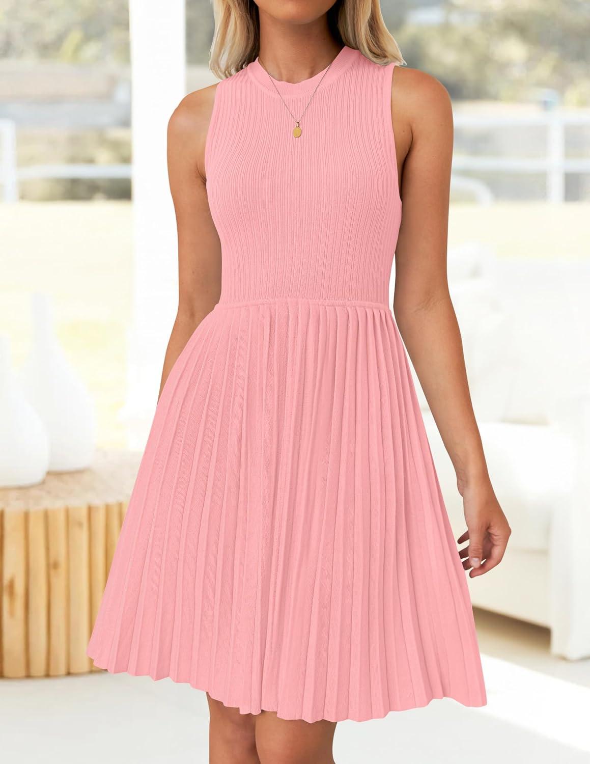 imageZESICA Womens Summer Sleeveless Mini Dress 2026 Crewneck Knit A Line Pleated Swing Casual Basic Short DressPink
