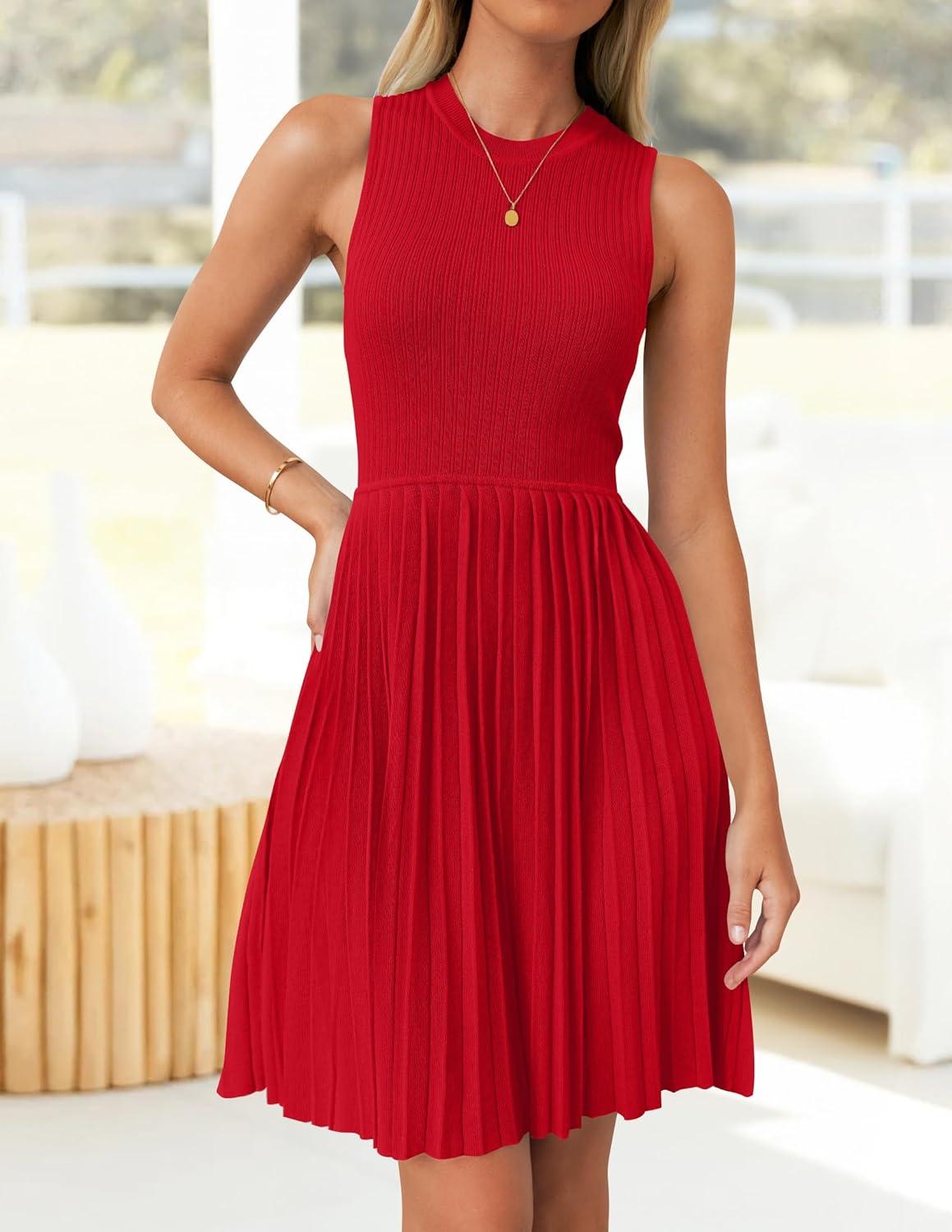 imageZESICA Womens Summer Sleeveless Mini Dress 2026 Crewneck Knit A Line Pleated Swing Casual Basic Short DressRed