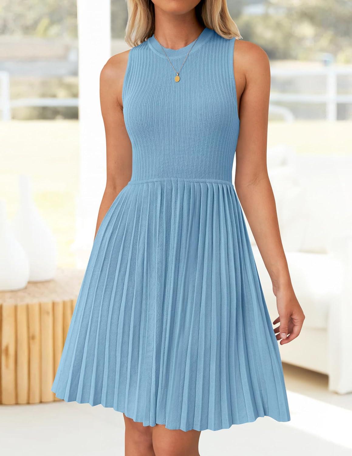 imageZESICA Womens Summer Sleeveless Mini Dress 2026 Crewneck Knit A Line Pleated Swing Casual Basic Short DressSky