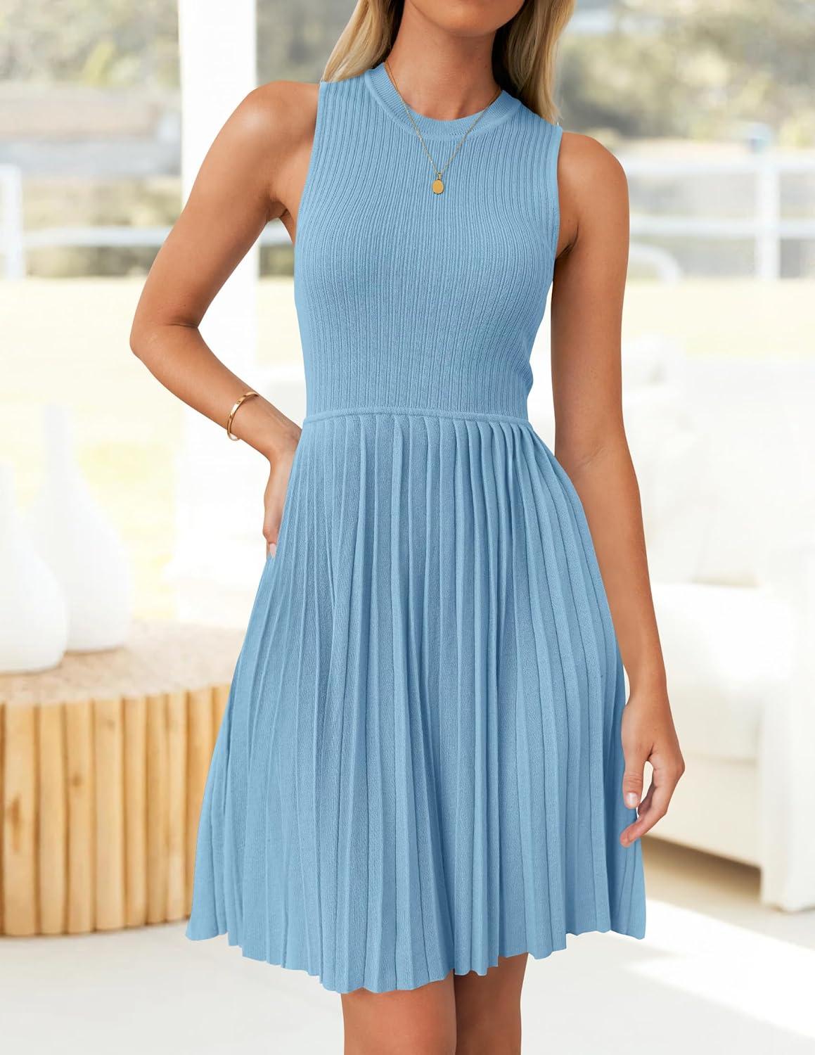 imageZESICA Womens Summer Sleeveless Mini Dress 2026 Crewneck Knit A Line Pleated Swing Casual Basic Short DressSky