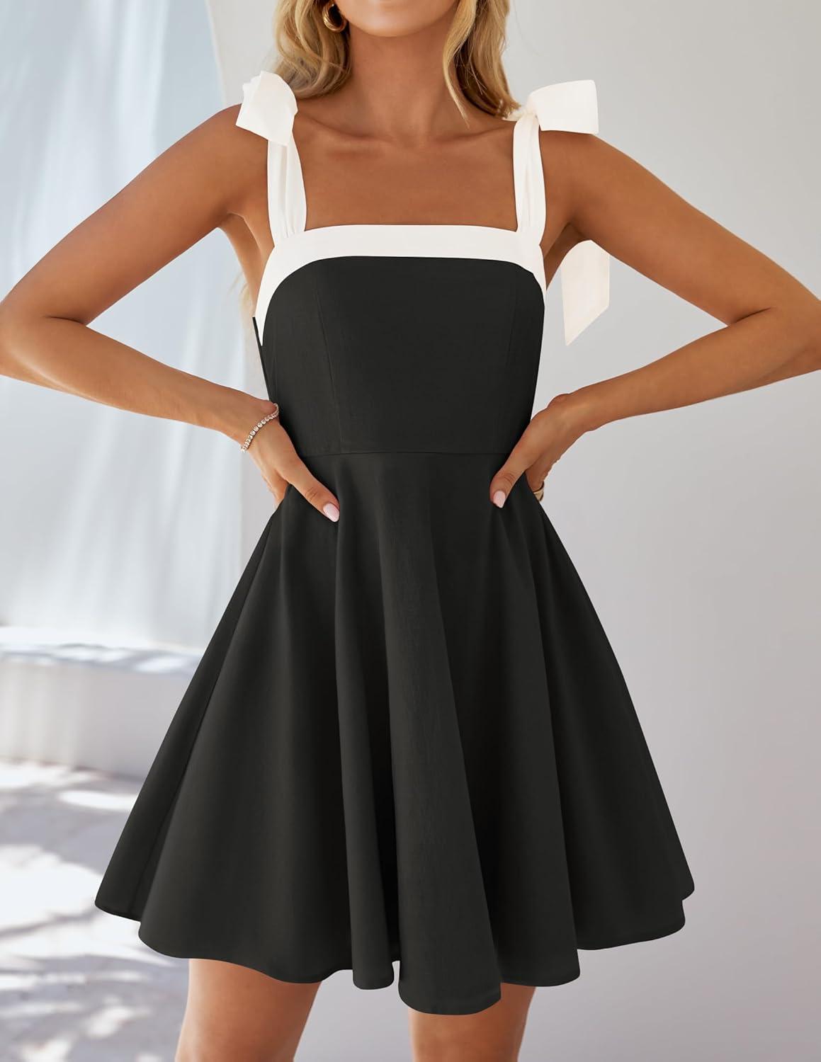 imageZESICA Womens Summer Sleeveless Mini Dress Tie Shoulder Square Neck High Waist Swing A Line Short SundressesBlack