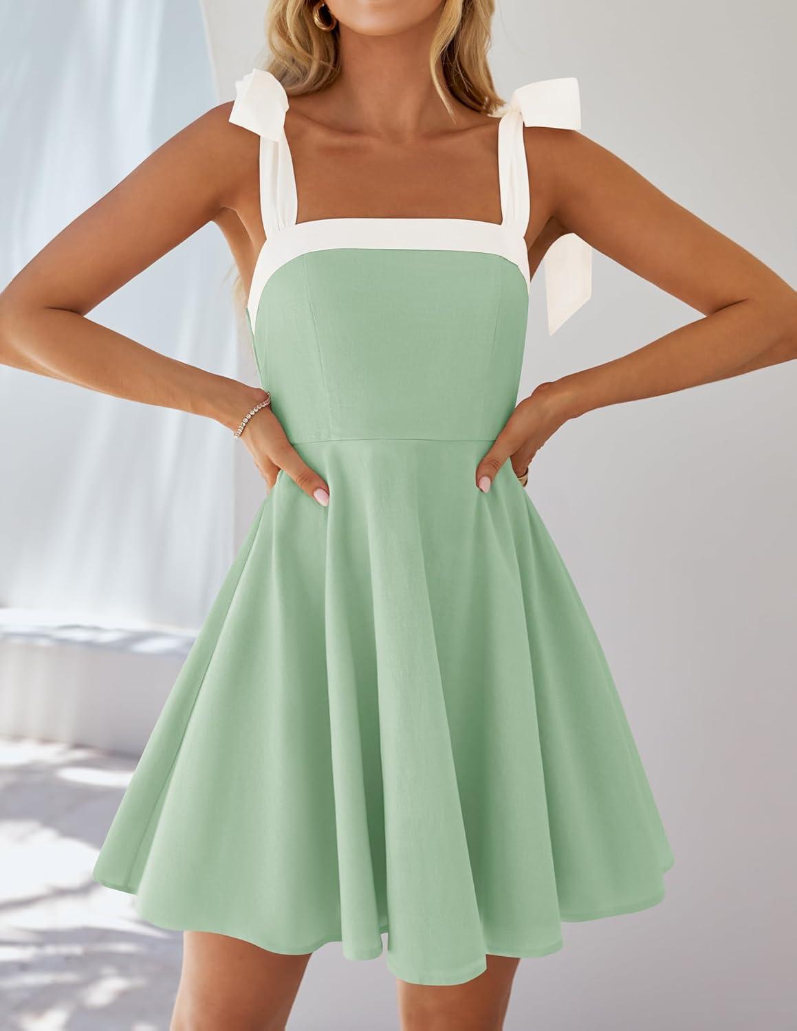 imageZESICA Womens Summer Sleeveless Mini Dress Tie Shoulder Square Neck High Waist Swing A Line Short SundressesLightgreen