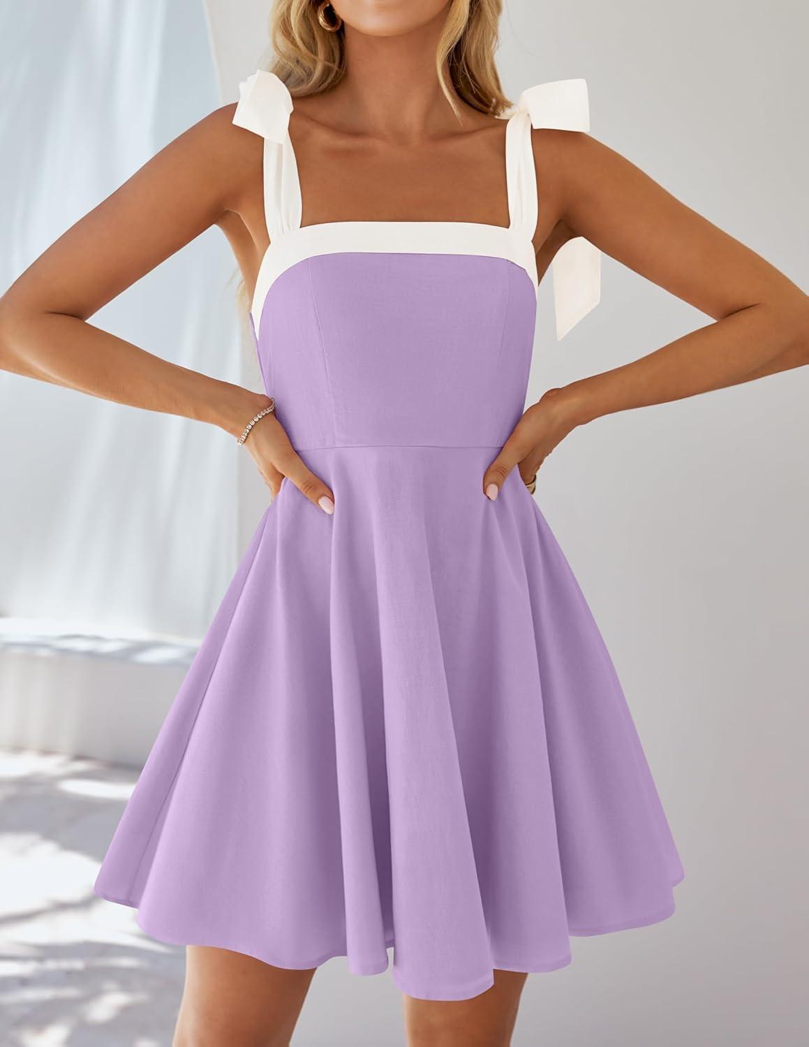 imageZESICA Womens Summer Sleeveless Mini Dress Tie Shoulder Square Neck High Waist Swing A Line Short SundressesPurple