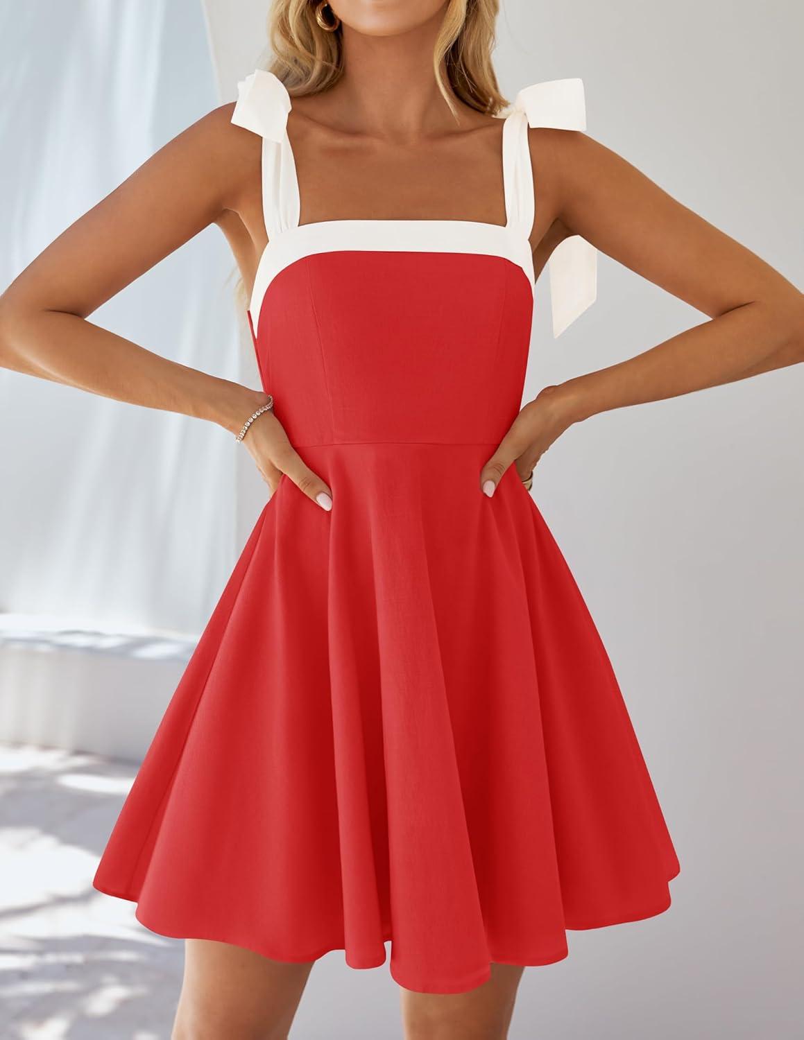 imageZESICA Womens Summer Sleeveless Mini Dress Tie Shoulder Square Neck High Waist Swing A Line Short SundressesRed