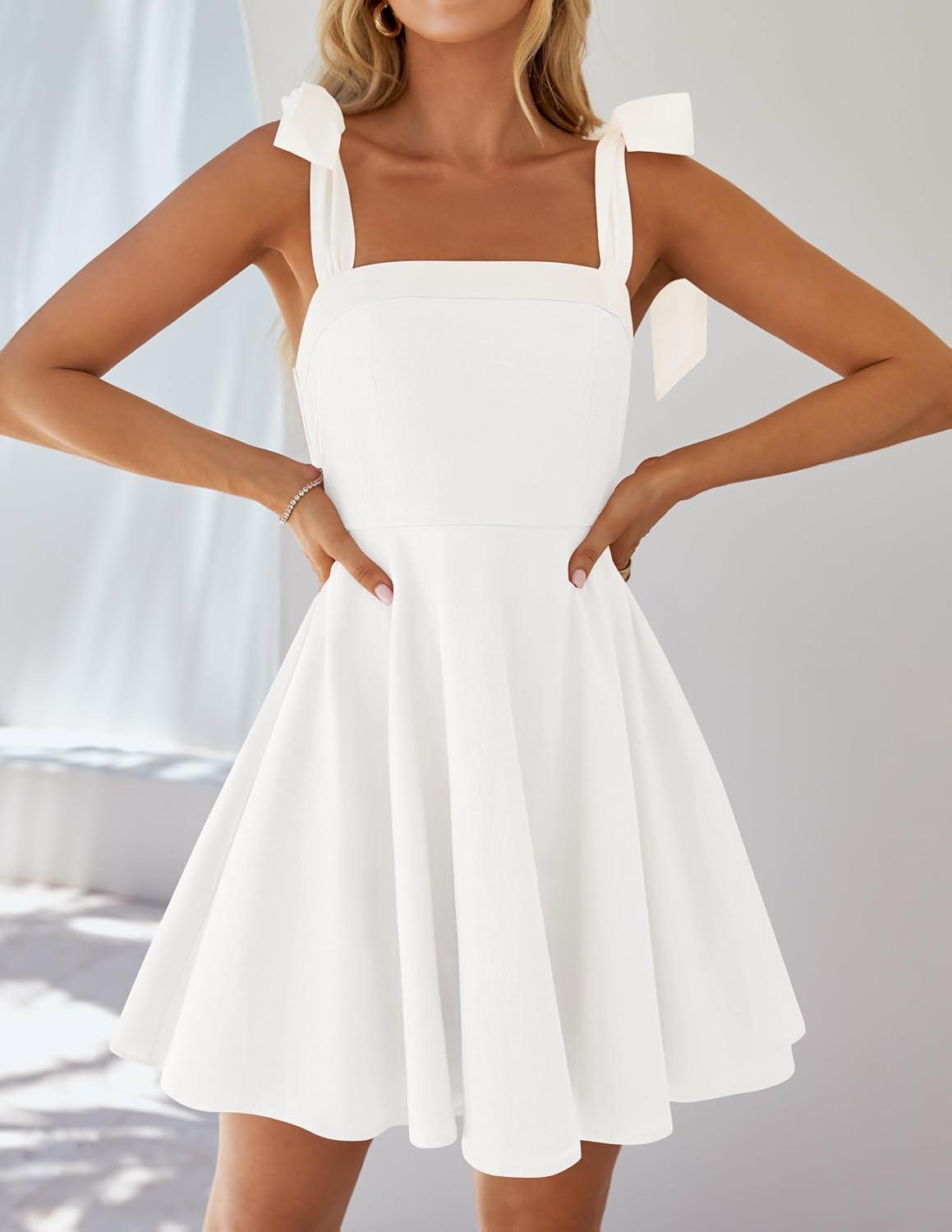 imageZESICA Womens Summer Sleeveless Mini Dress Tie Shoulder Square Neck High Waist Swing A Line Short SundressesWhite
