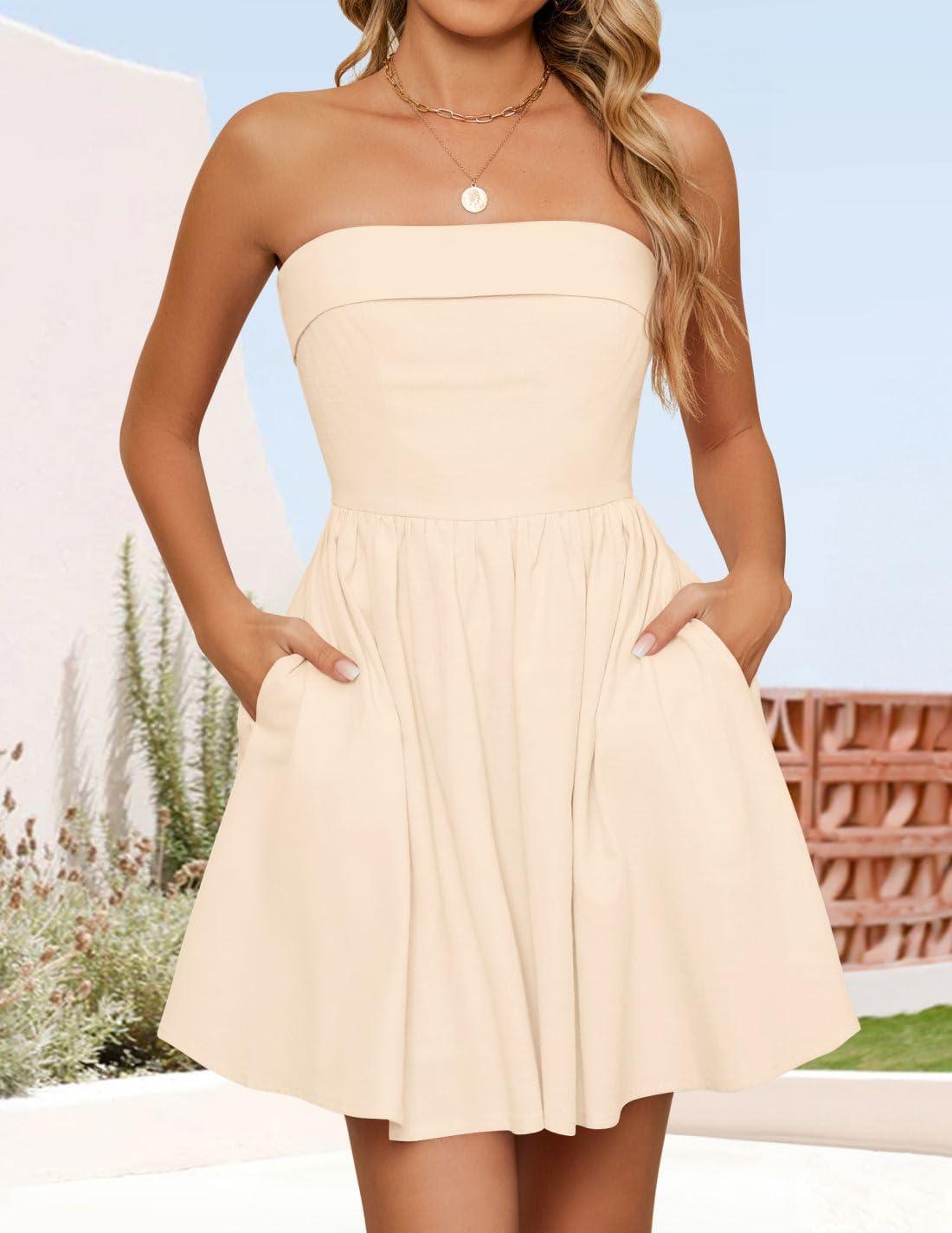 imageZESICA Womens Summer Strapless Mini Dress 2026 Sexy Off Shoulder High Waist A Line Swing Party Short DressesApricot