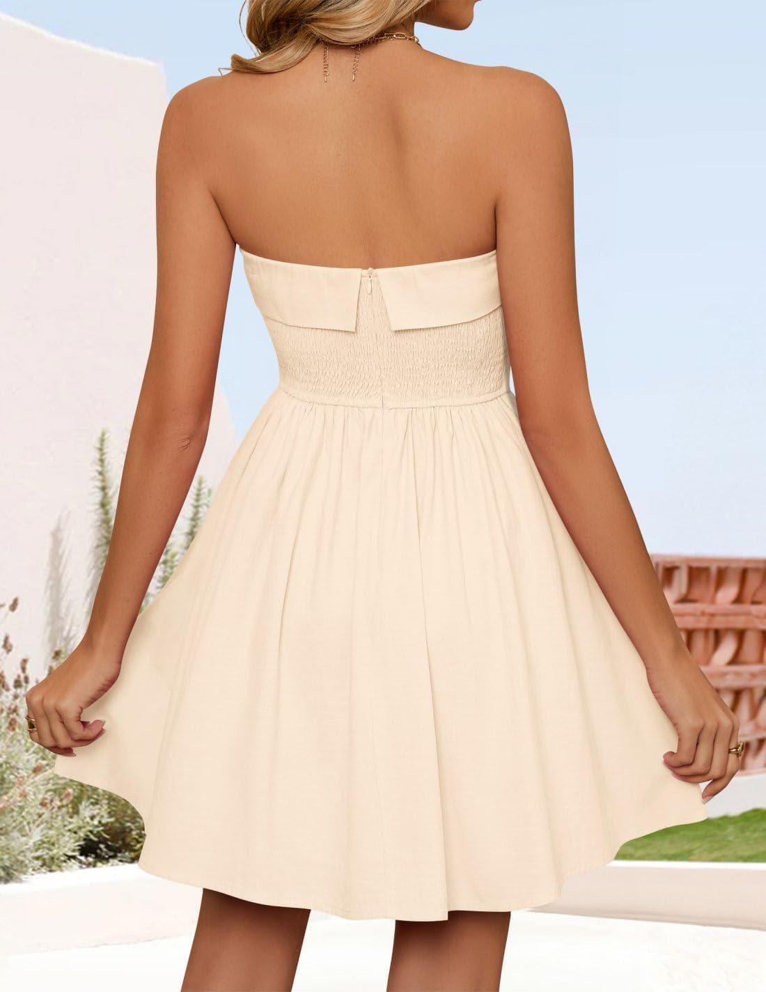 imageZESICA Womens Summer Strapless Mini Dress 2026 Sexy Off Shoulder High Waist A Line Swing Party Short DressesApricot