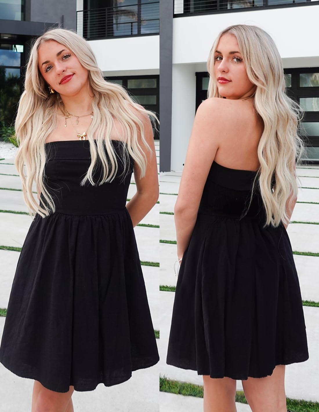 imageZESICA Womens Summer Strapless Mini Dress 2026 Sexy Off Shoulder High Waist A Line Swing Party Short DressesBlack