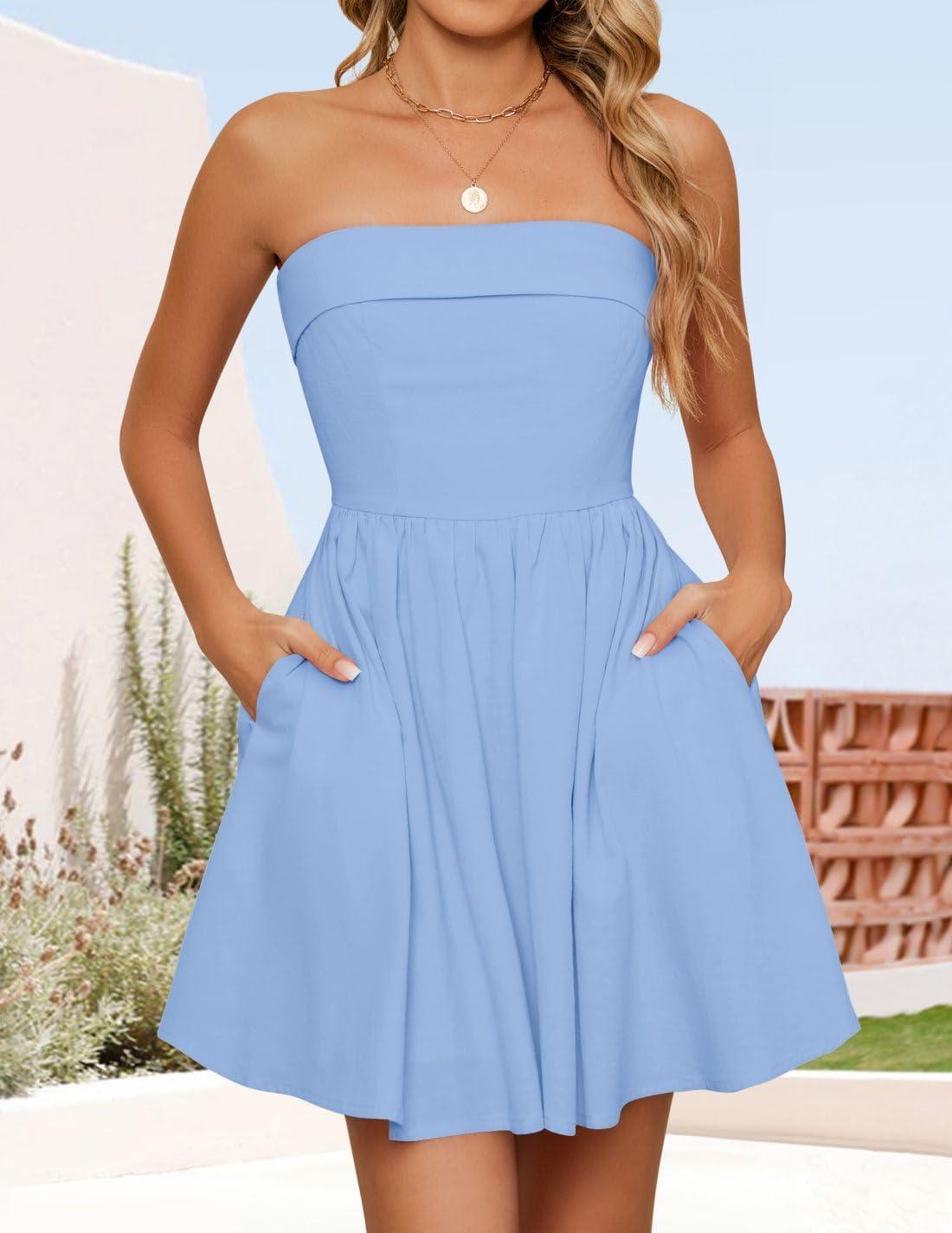 imageZESICA Womens Summer Strapless Mini Dress 2026 Sexy Off Shoulder High Waist A Line Swing Party Short DressesBlue